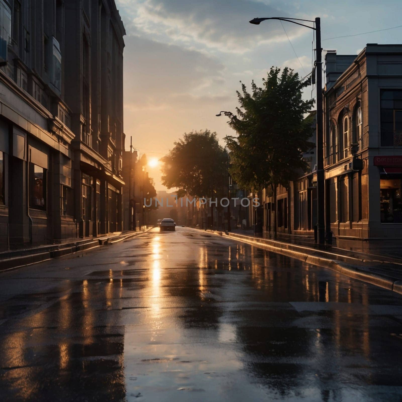 A street scene with a car driving down a wet road during sunrise. The image evokes a sense of tranquility and peace. A high-quality AI-generated photo.