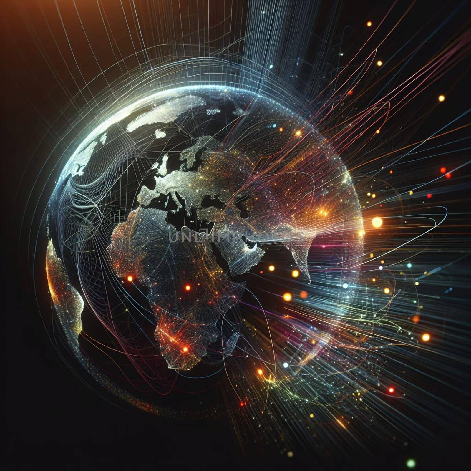Abstract image of a glowing, multicolored globe with lines of data and energy flowing around it, representing global connectivity and the digital age. A high-quality AI-generated photo.