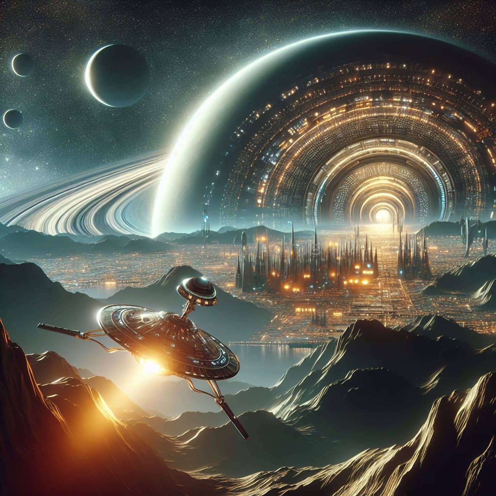A futuristic cityscape on an alien planet, with a spaceship in the foreground. The city is surrounded by mountains, a lake, and a ringed planet in the sky. A high-quality AI-generated photo.