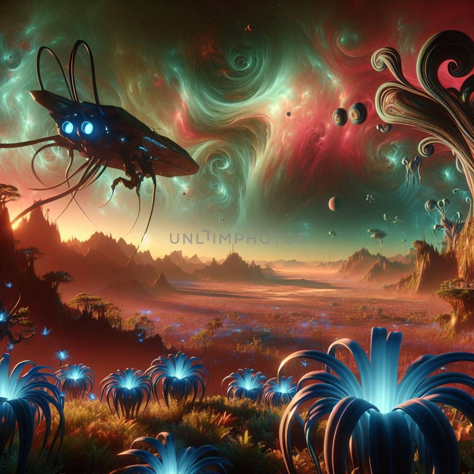 A fantastical alien landscape with a futuristic spaceship in the foreground. The sky is filled with colorful nebulae and glowing orbs. A high-quality AI-generated photo.