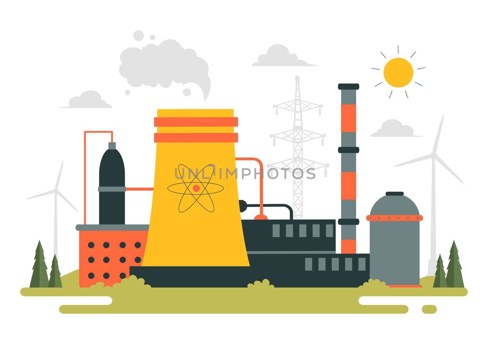 Nonrenewable Natural Energy Resources Vector Illustration Featuring Nuclear, Petroleum, Oil, Natural Gas, and Coal Fuels in a Flat Style Background