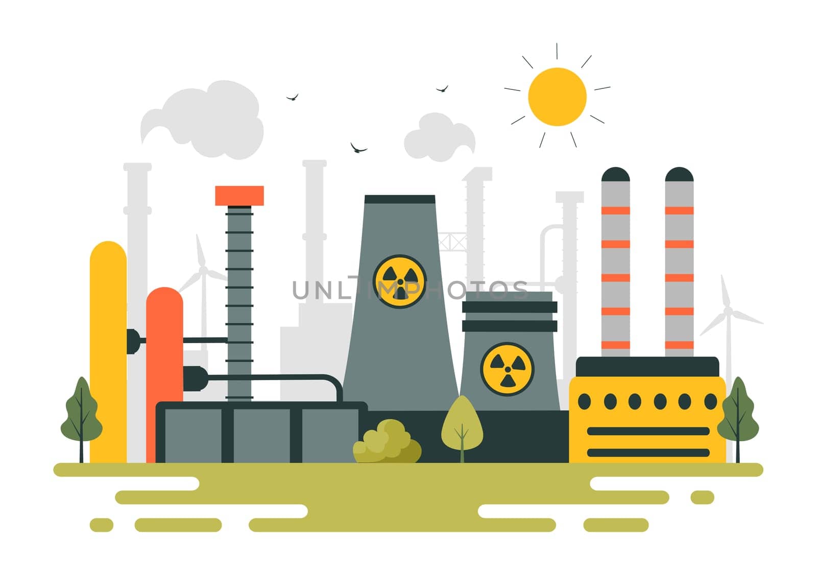 Nonrenewable Natural Energy Resources Vector Illustration Featuring Nuclear, Petroleum, Oil, Natural Gas, and Coal Fuels in a Flat Style Background