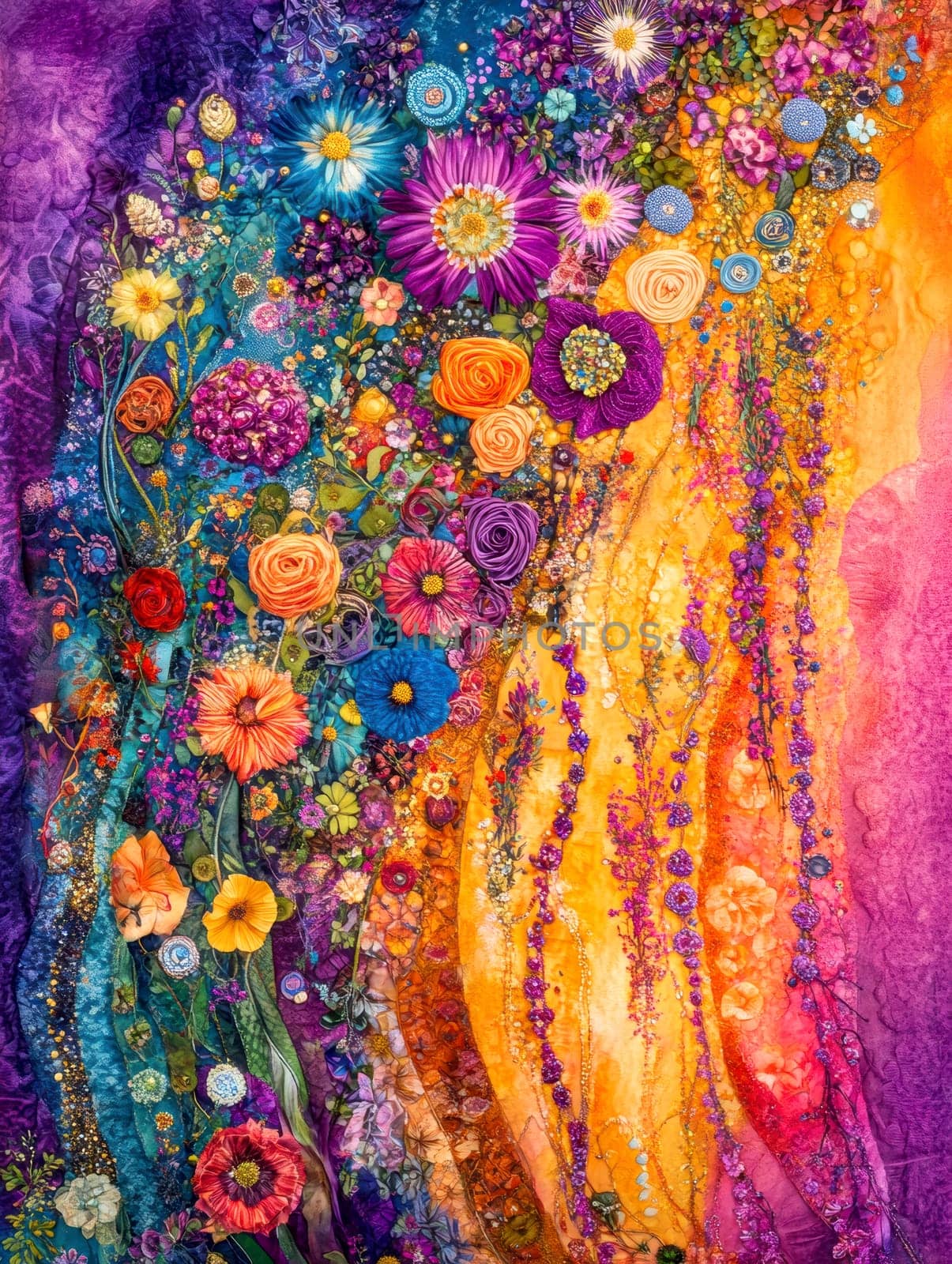 A fantastic world with flowers, trees and people. AI generative.