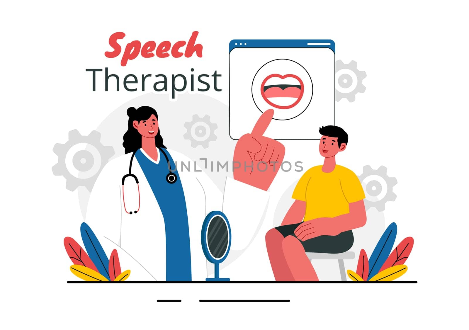 Speech Therapy Vector Illustration featuring a Therapist Teaching Basic Language Skills and Addressing Articulation Problems in an Educational