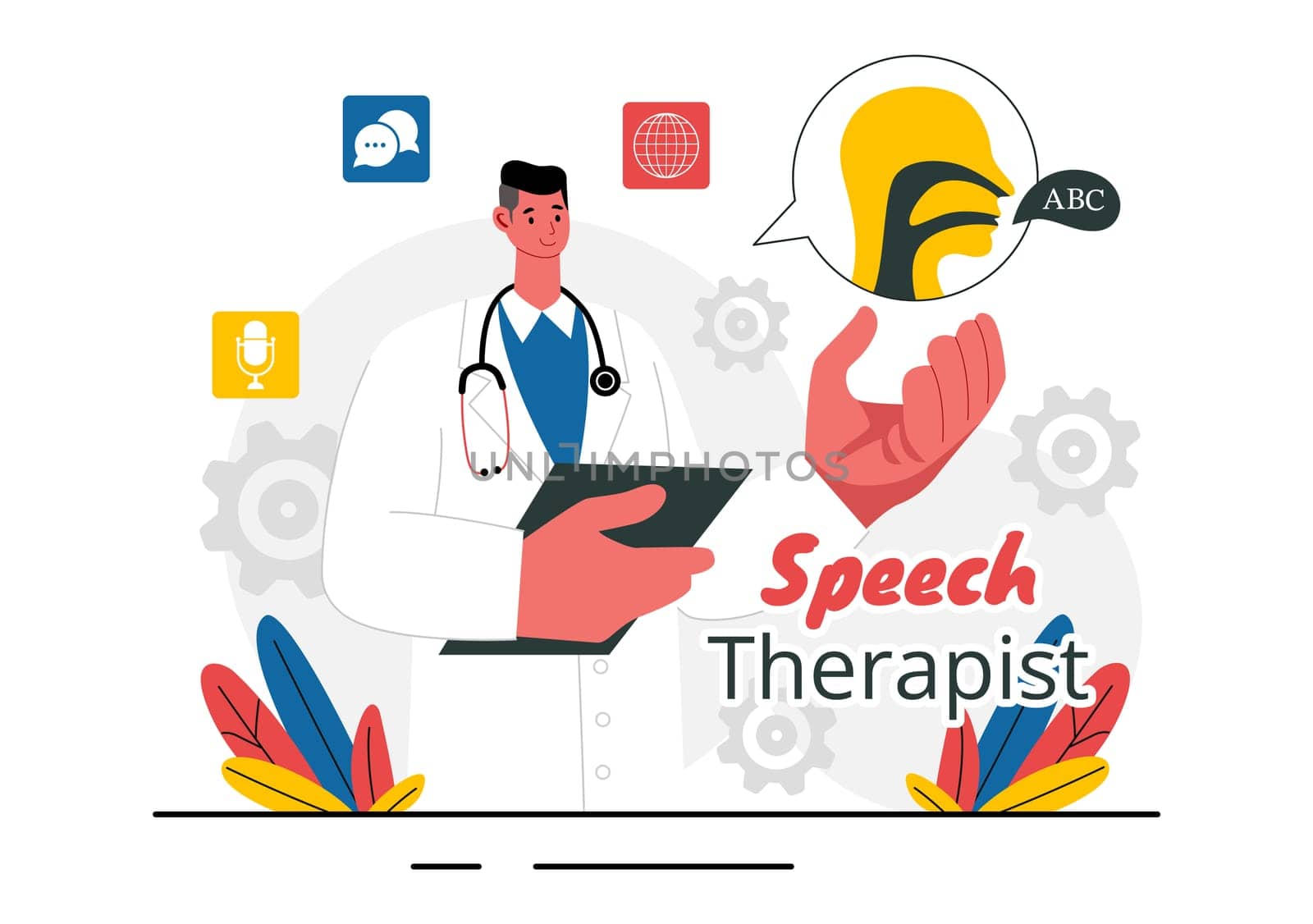 Speech Therapy Vector Illustration featuring a Therapist Teaching Basic Language Skills and Addressing Articulation Problems in an Educational