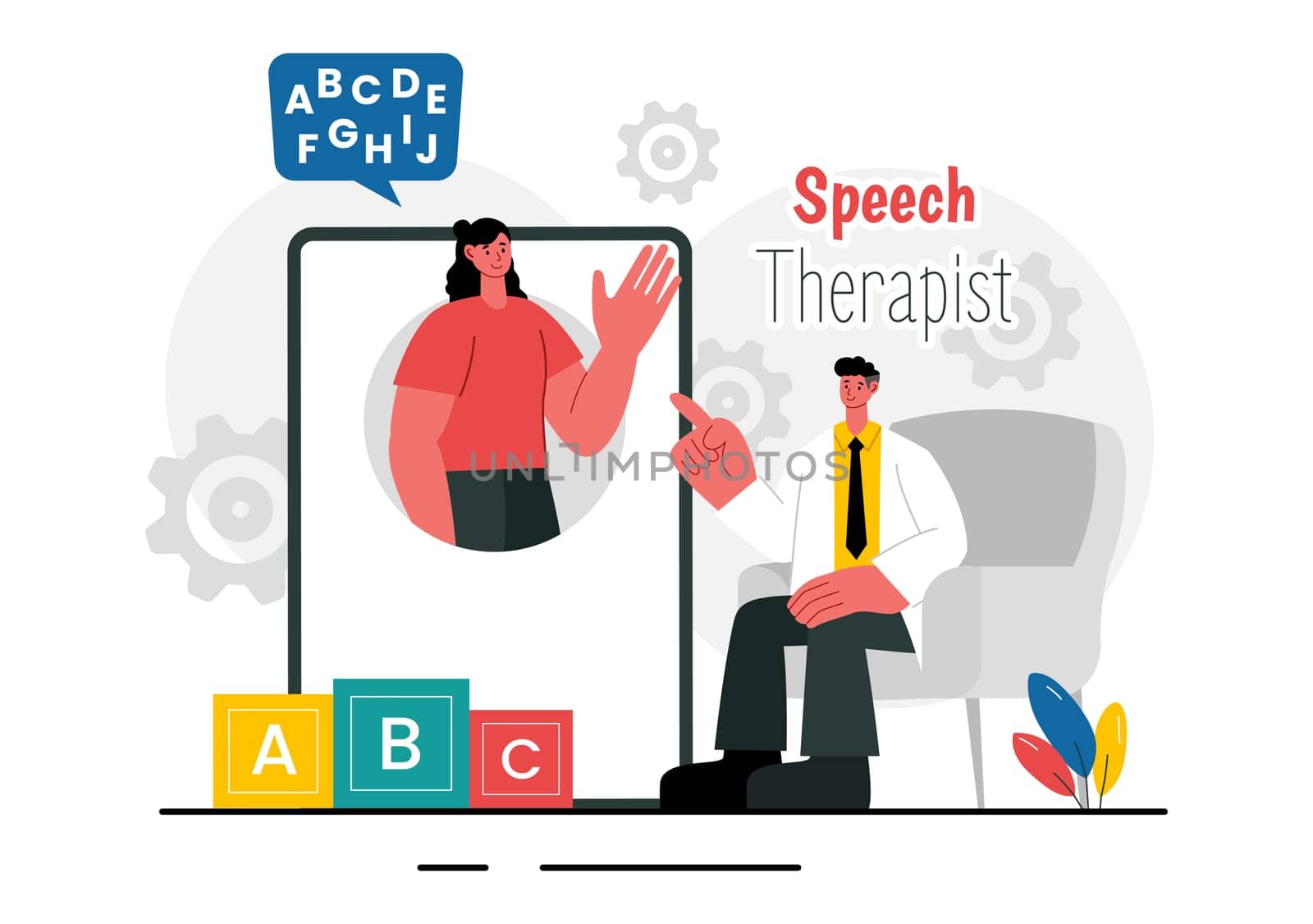Speech Therapy Vector Illustration featuring a Therapist Teaching Basic Language Skills and Addressing Articulation Problems in an Educational