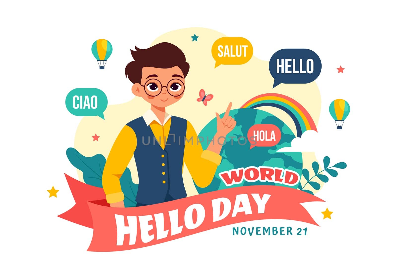 World Hello Day Vector Illustration on November 21 with Speech Bubbles Displaying Greetings in Multiple Languages from Around the in a Background