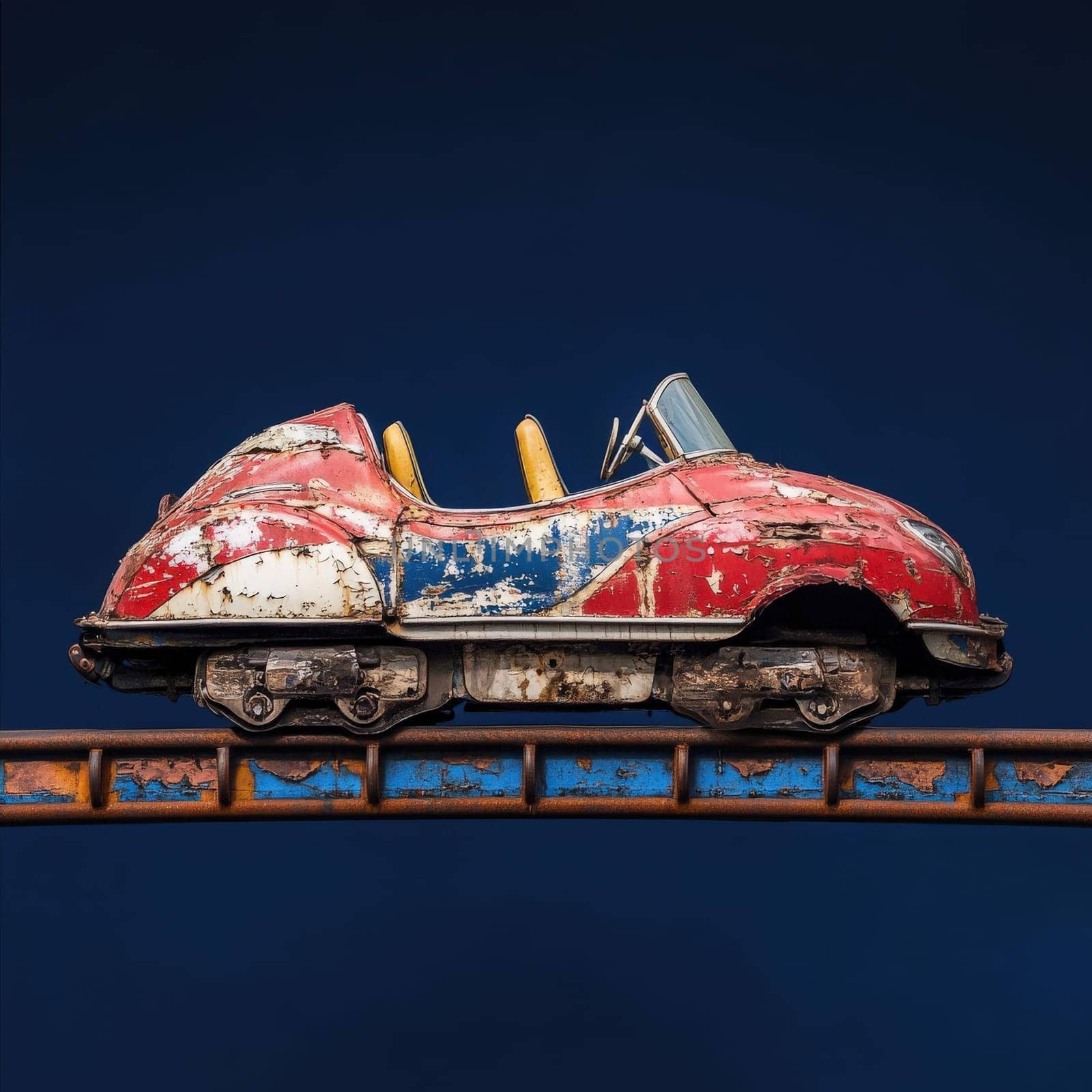 An isolated vintage rollercoaster car, painted in faded red and blue, sits on its weathered track amidst an abandoned amusement park.