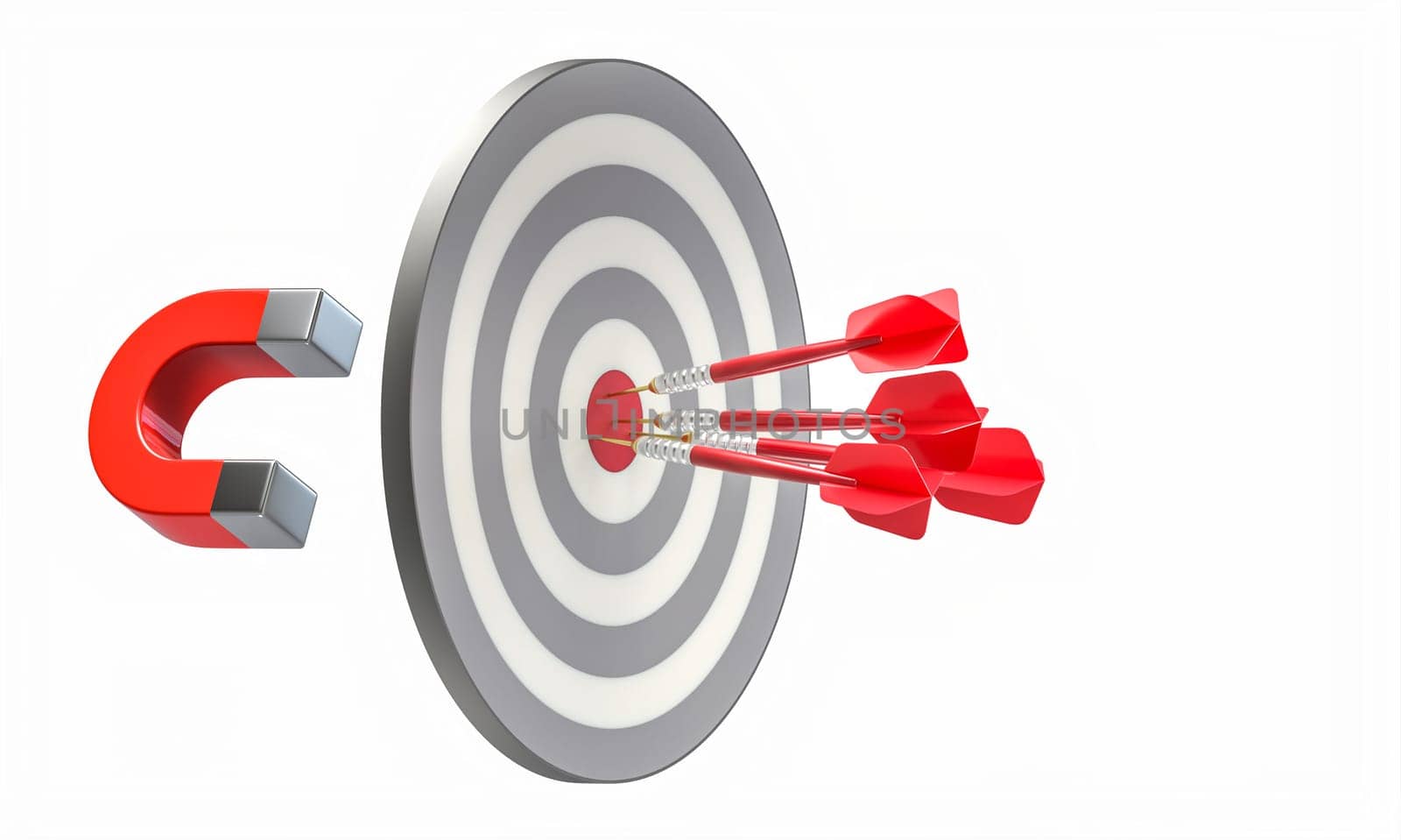 Horseshoe magnet  attracting darts on  target, influence concept 3d background