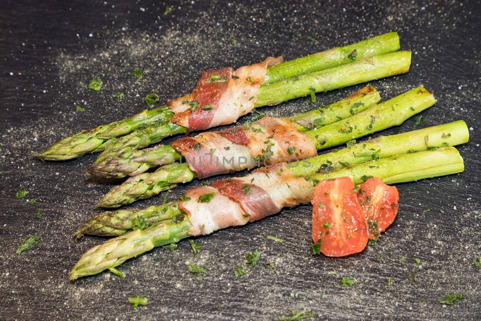 Delicious savory menu from star cuisine. Fresh seasonal cooked ingredients with tender bite. Grilled barbecue flavour with tomatoes.