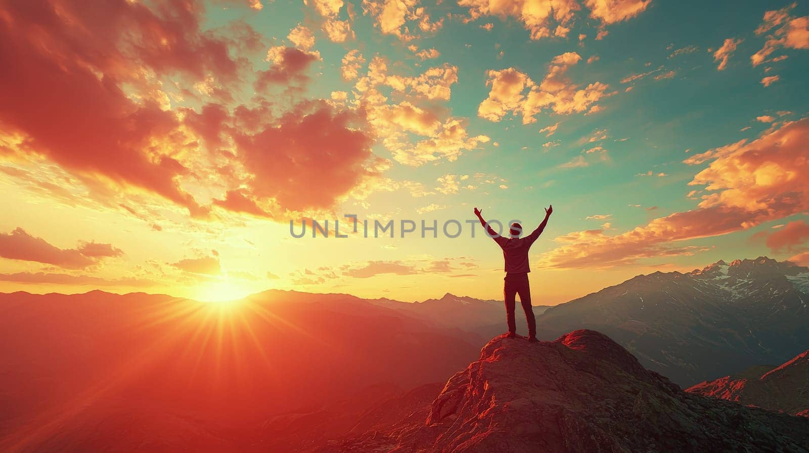A man celebrates victory on a mountain peak as the sun sets, symbolizing personal achievement and success. The stunning backdrop of the fading sun enhances the triumphant moment, capturing the essence of overcoming challenges and reaching new heights.