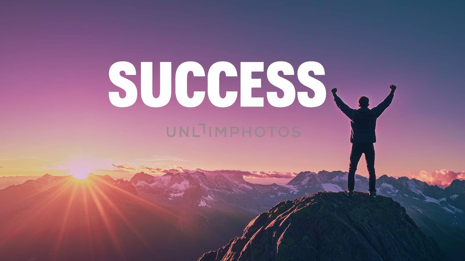 A powerful image of a man standing victoriously on a mountain top at sunset, arms raised in celebration. The word "SUCCESS"" is boldly displayed above him, symbolizing achievement, determination, and triumph over challenges. The warm colors of the setting sun add to the sense of accomplishment and inspiration."