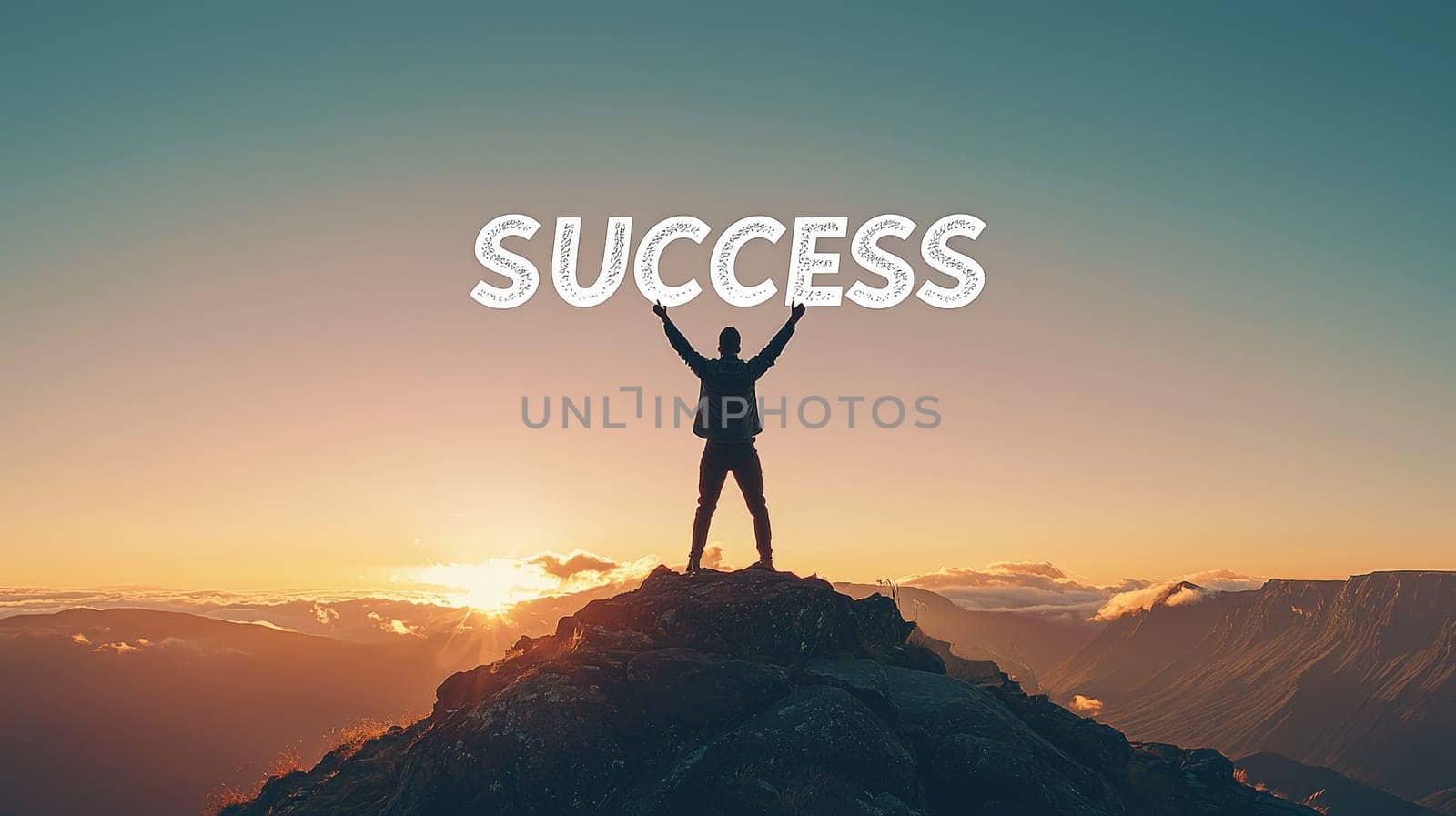 A powerful image of a man standing victoriously on a mountain top at sunset, arms raised in celebration. The word "SUCCESS"" is boldly displayed above him, symbolizing achievement, determination, and triumph over challenges. The warm colors of the setting sun add to the sense of accomplishment and inspiration."