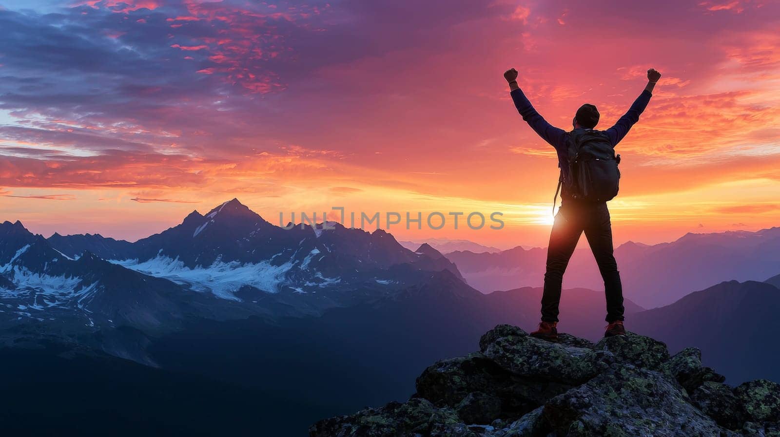 A man celebrates victory on a mountain peak as the sun sets, symbolizing personal achievement and success. The stunning backdrop of the fading sun enhances the triumphant moment, capturing the essence of overcoming challenges and reaching new heights.