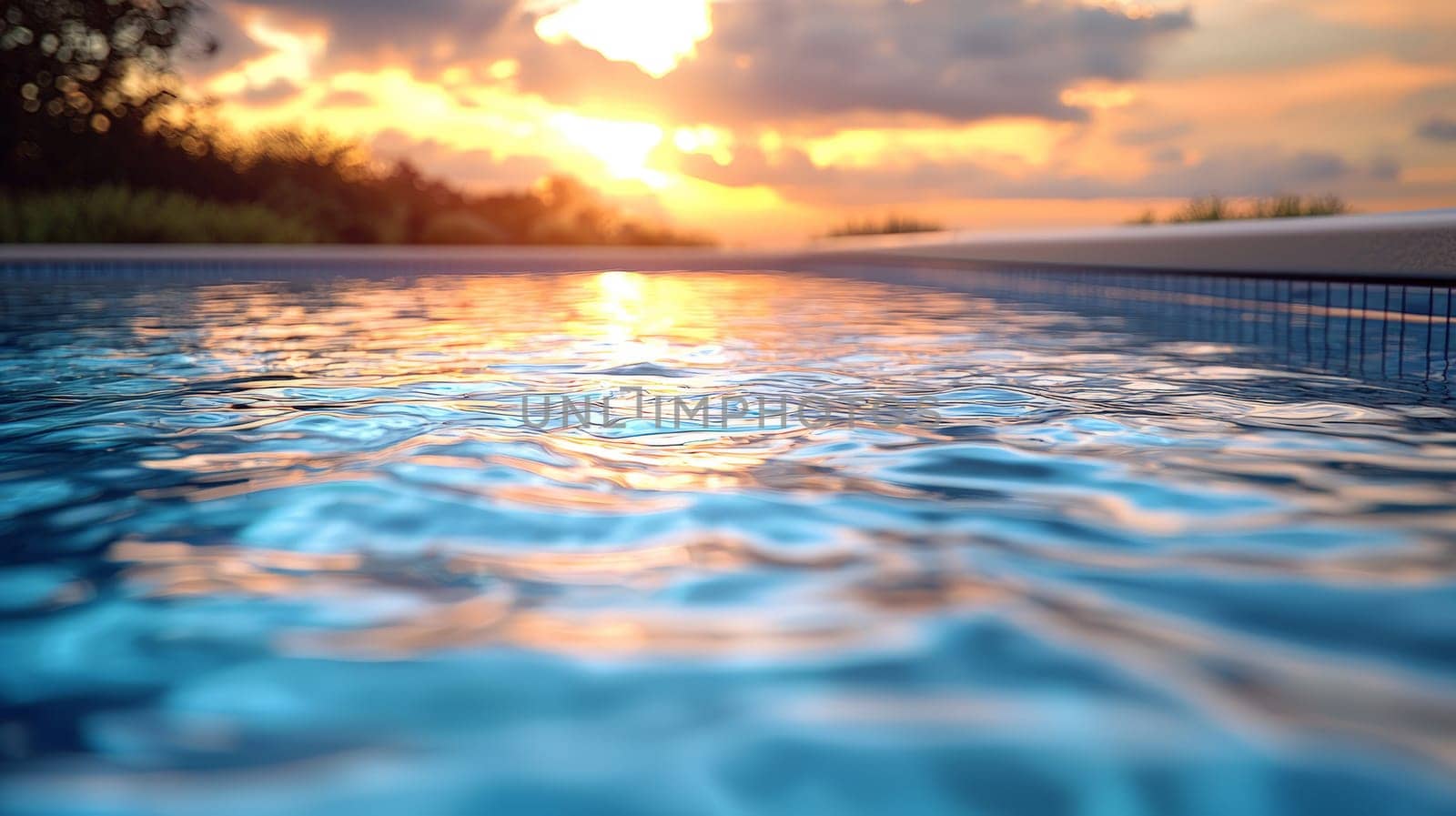 A tranquil close-up of rippling water in a modern swimming pool, capturing the soft reflections of the sky. The gentle movement of the water creates an inviting, peaceful atmosphere, evoking a sense of calm and relaxation. The serene scene highlights the interplay between light, water, and nature.
