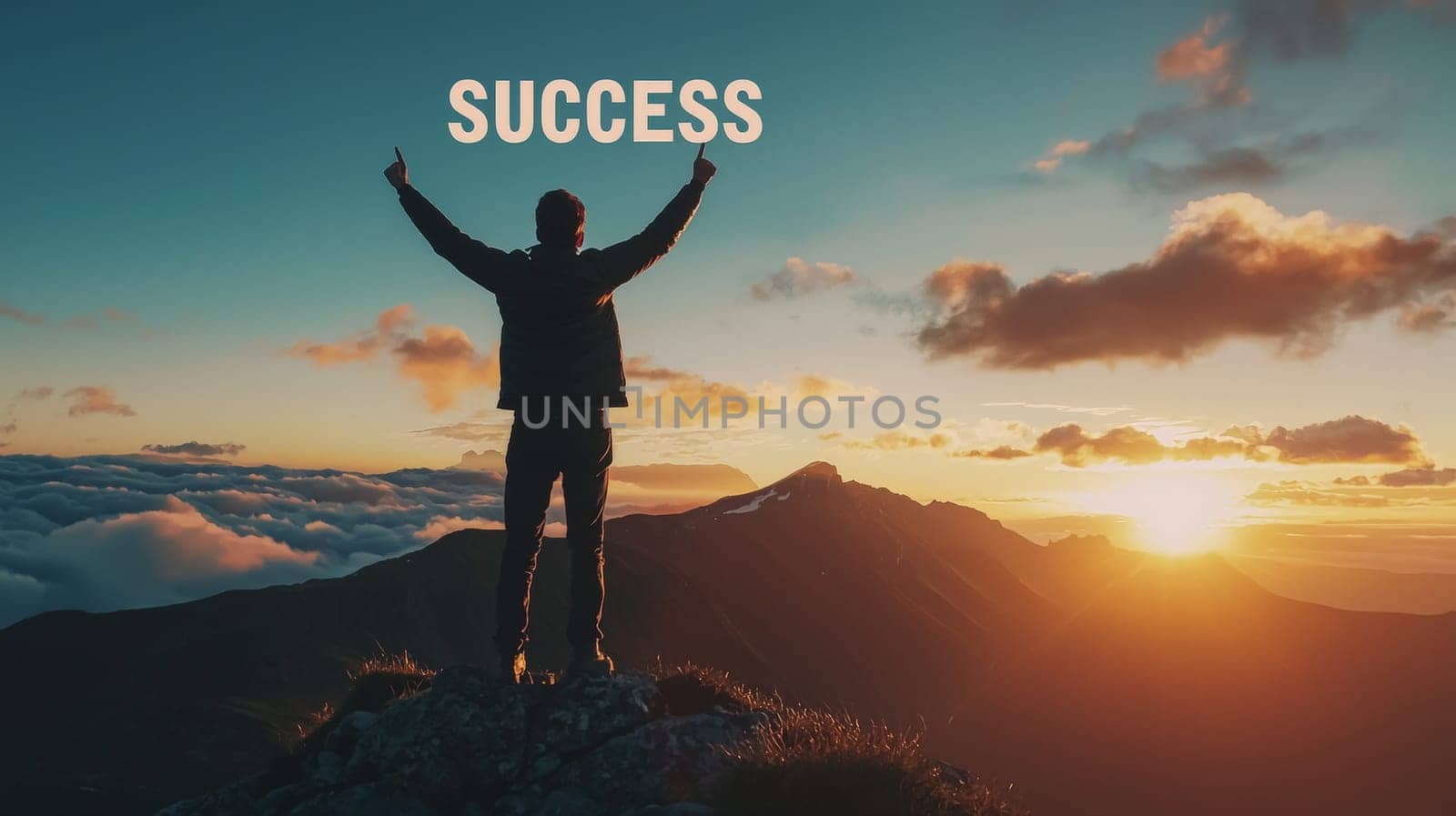 A powerful image of a man standing victoriously on a mountain top at sunset, arms raised in celebration. The word "SUCCESS"" is boldly displayed above him, symbolizing achievement, determination, and triumph over challenges. The warm colors of the setting sun add to the sense of accomplishment and inspiration."