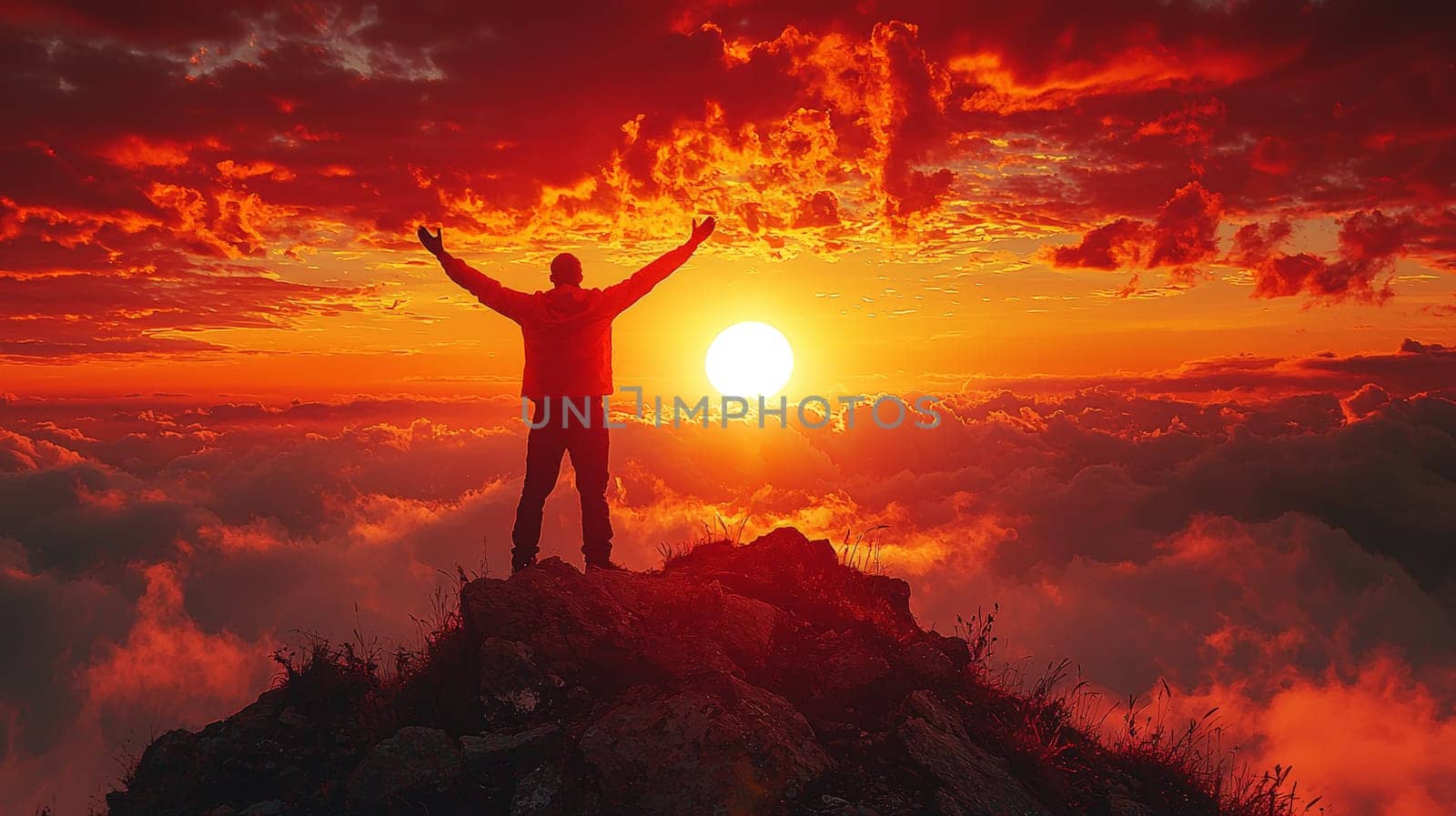 A man celebrates victory on a mountain peak as the sun sets, symbolizing personal achievement and success. The stunning backdrop of the fading sun enhances the triumphant moment, capturing the essence of overcoming challenges and reaching new heights.