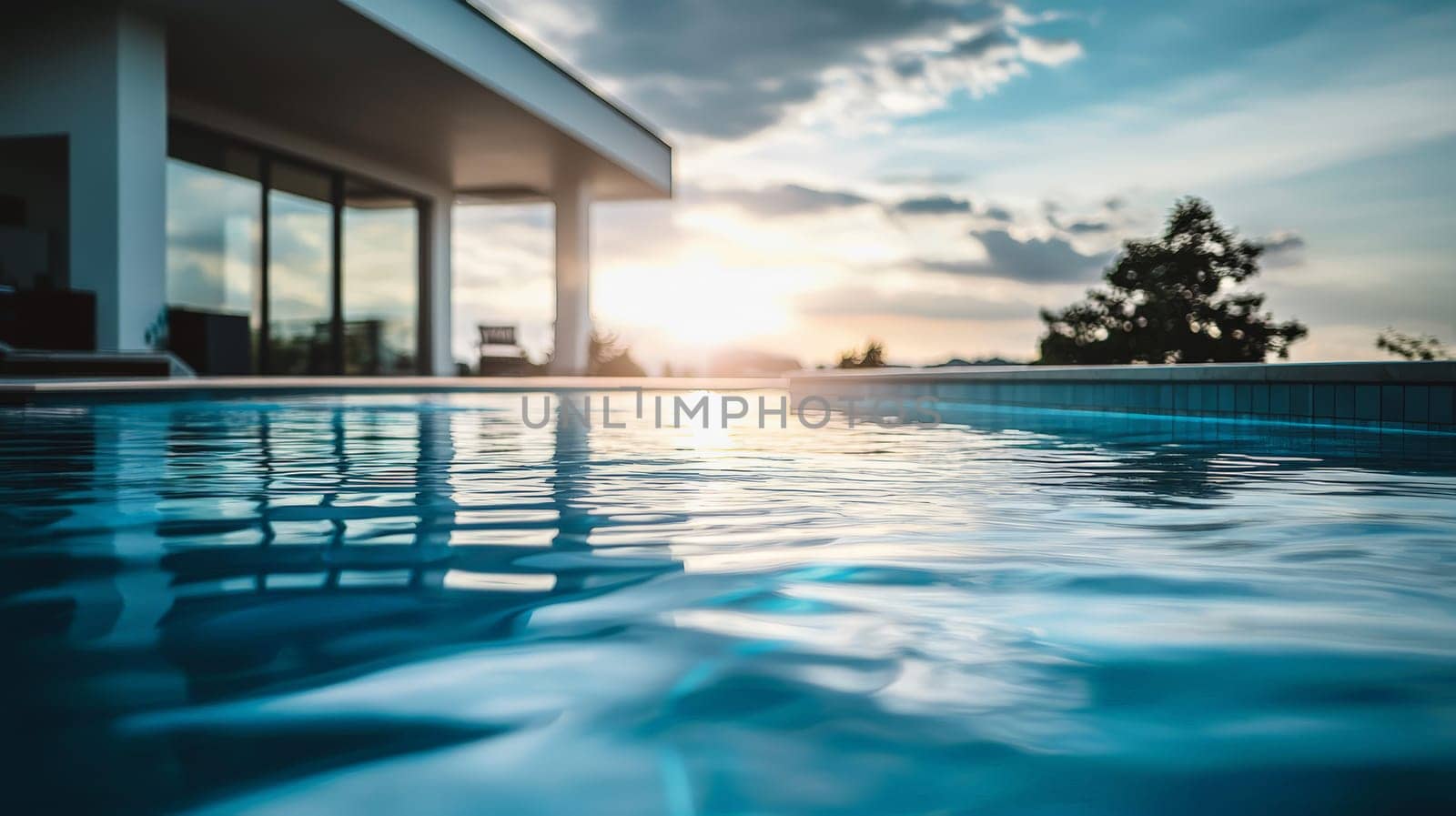 A tranquil close-up of rippling water in a modern swimming pool, capturing the soft reflections of the sky. The gentle movement of the water creates an inviting, peaceful atmosphere, evoking a sense of calm and relaxation. The serene scene highlights the interplay between light, water, and nature.