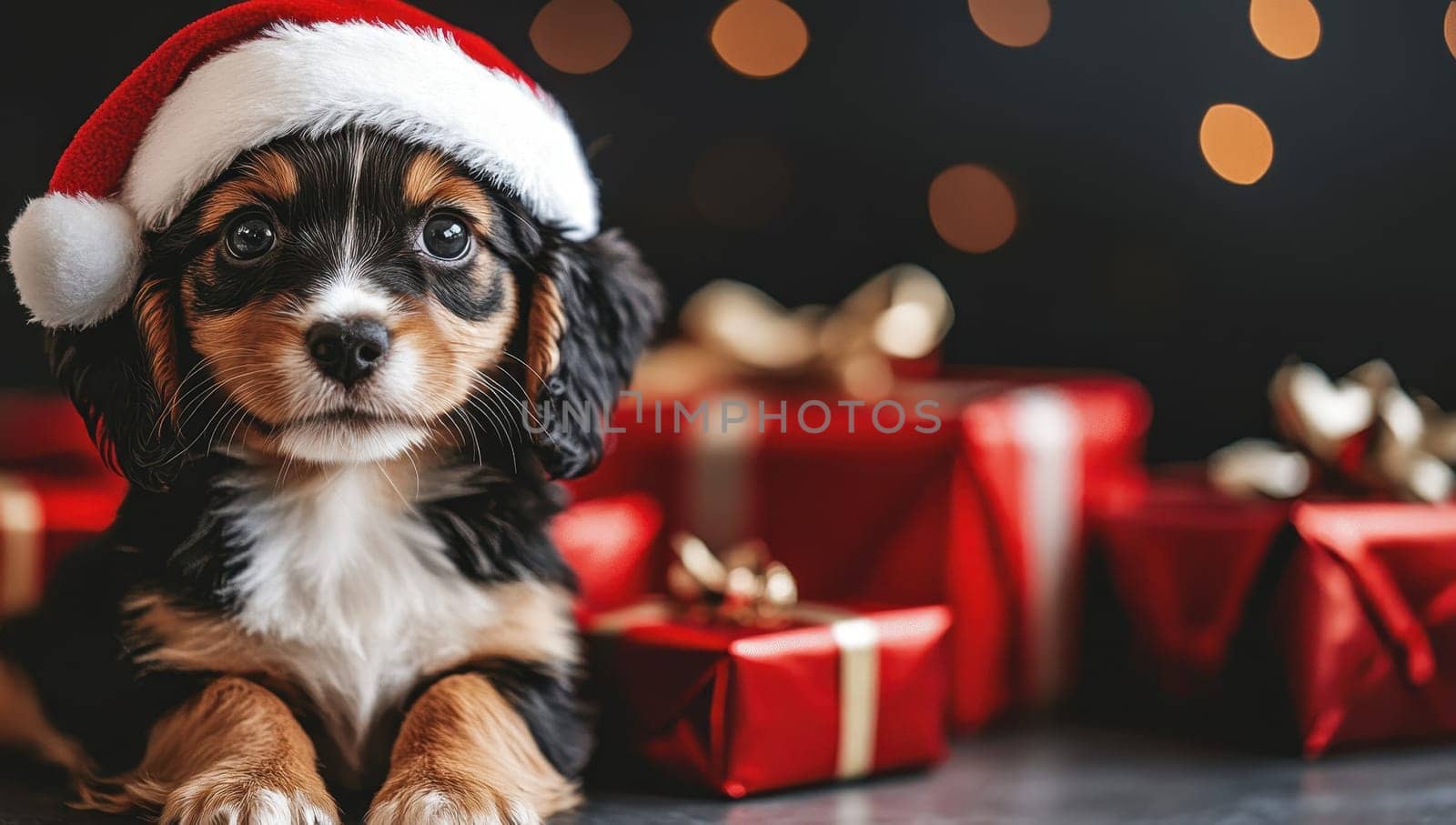 Cute Puppy with Santa Hat and Christmas Gifts