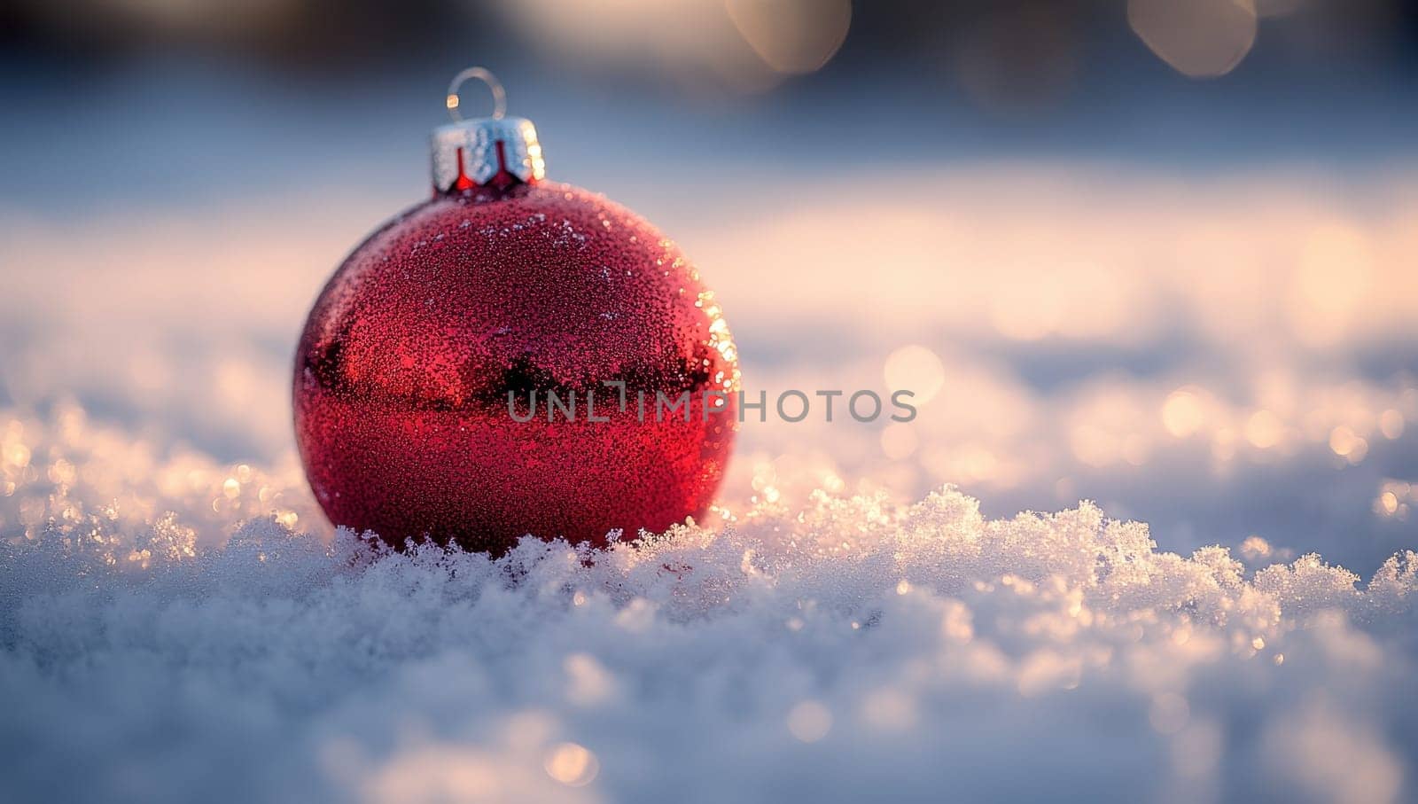 Red Christmas Bauble in Sparkling Snow at Sunset