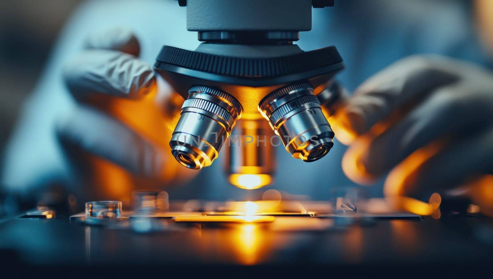 Microscope Lens Examining Sample, Scientific Research Concept