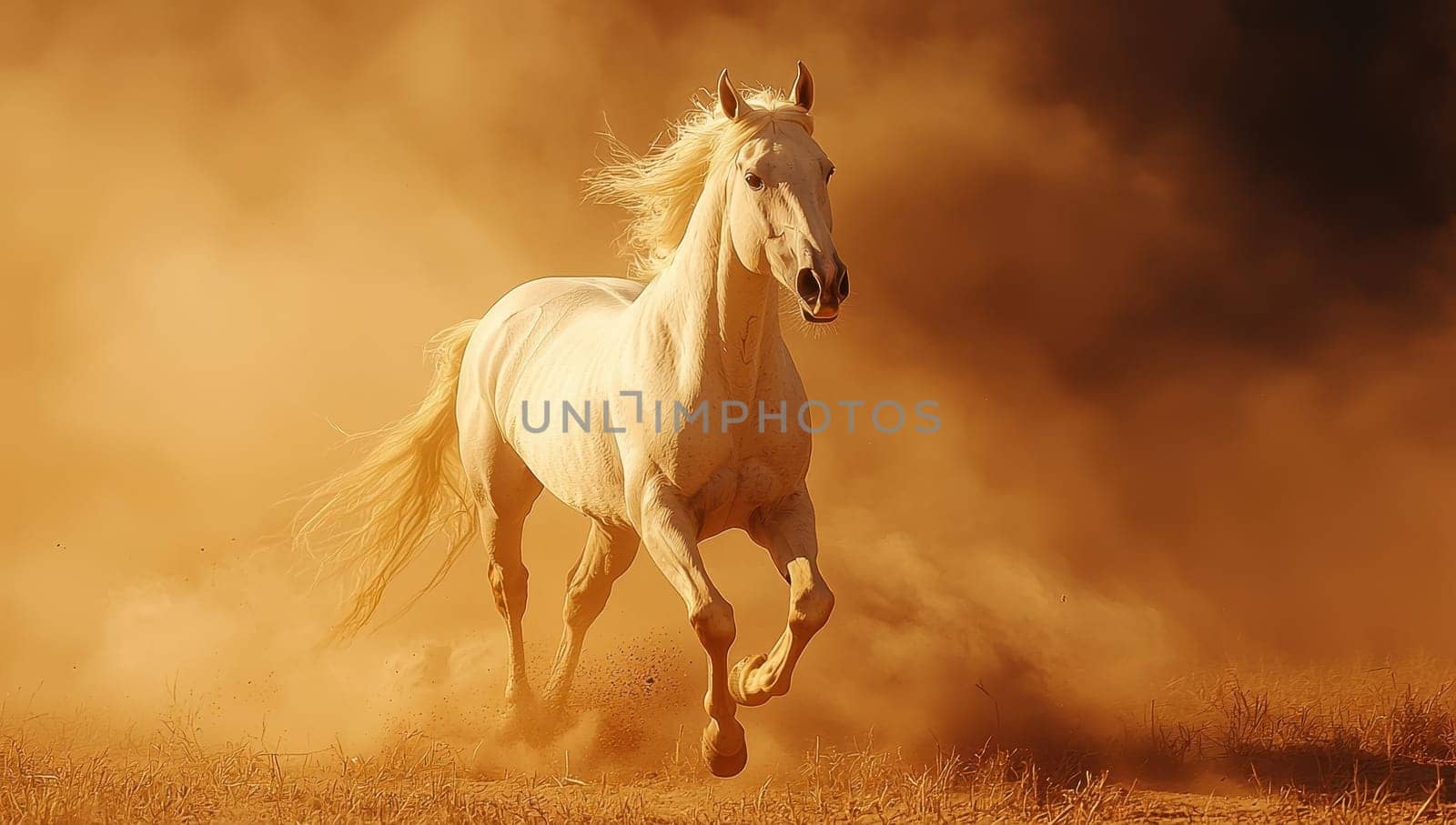 White Horse Running Through Dust Cloud