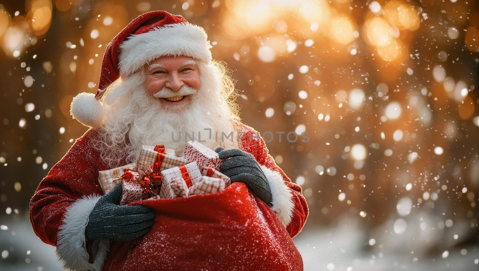 Jolly Santa Claus Delivering Gifts in Snowy Winter