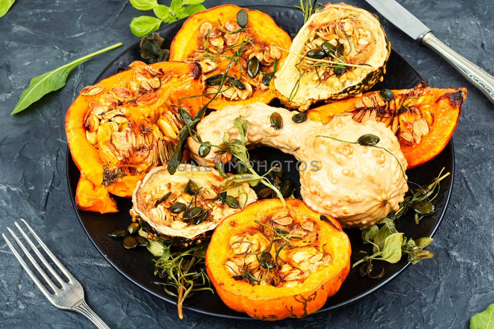 Freshly baked and juicy of pumpkin. Healthy vegetarian food.