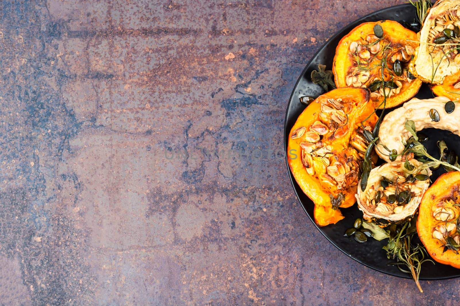 Freshly baked and juicy of pumpkin. Healthy vegetarian food.