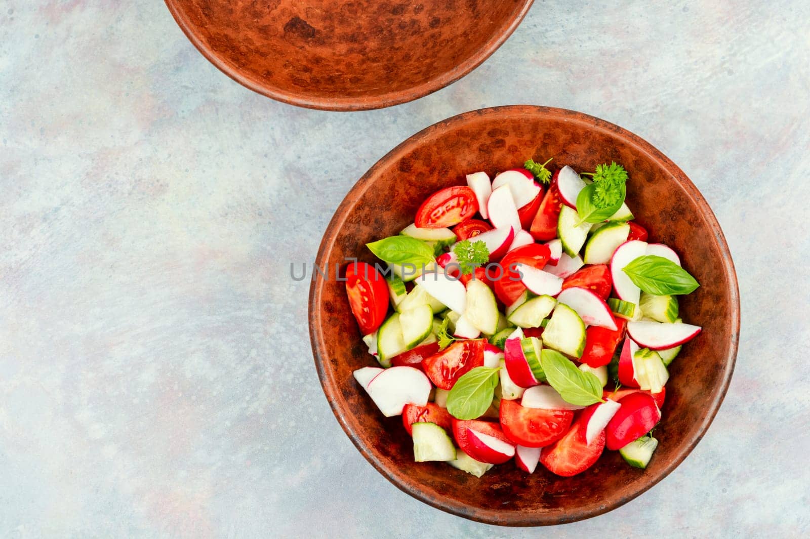 Healthy vegetable salad of fresh tomato, cucumber, radishes on plate. Space for text.