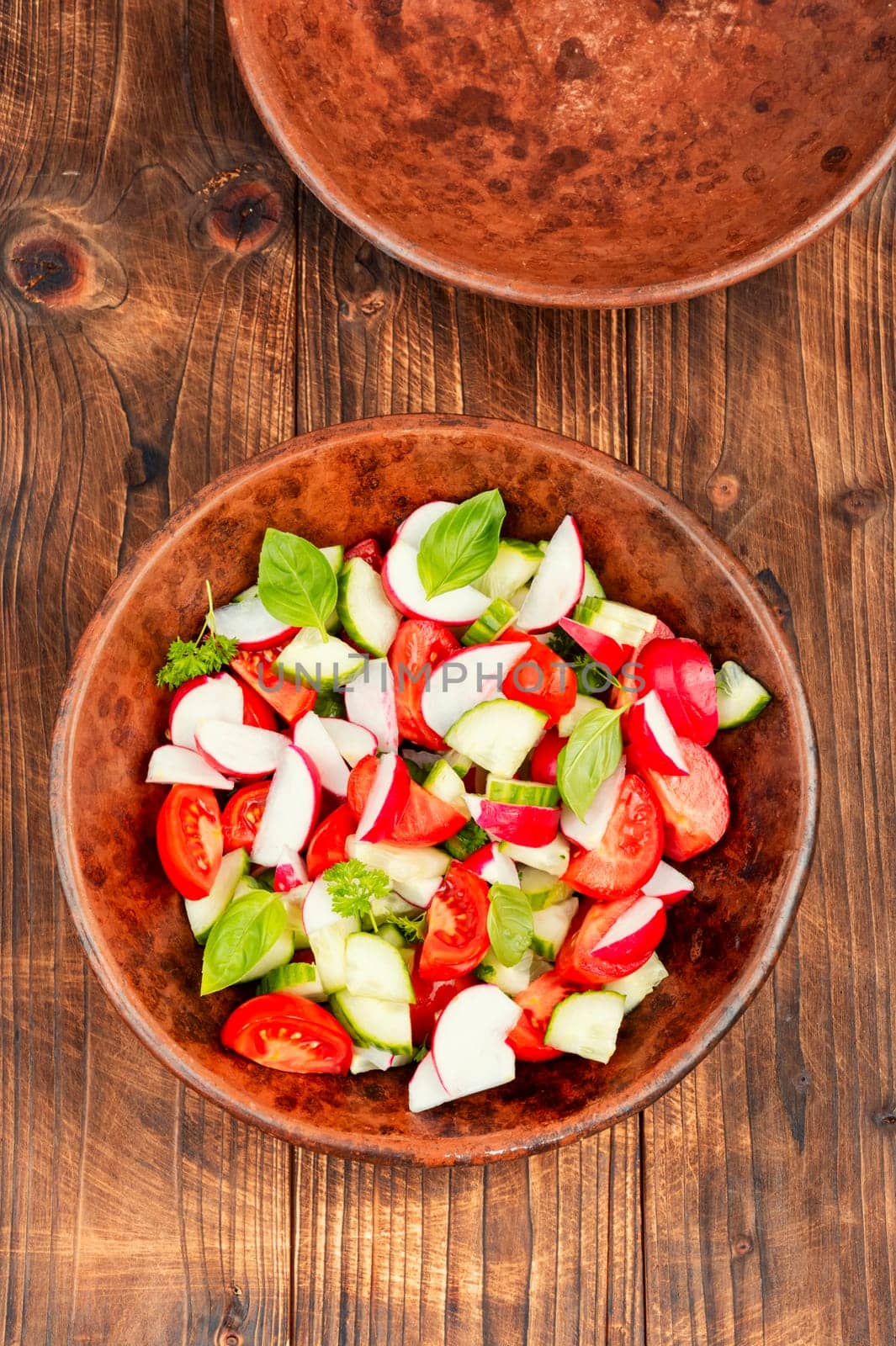 Healthy vegetable salad of fresh tomato, cucumber, radishes on plate. Space for text.