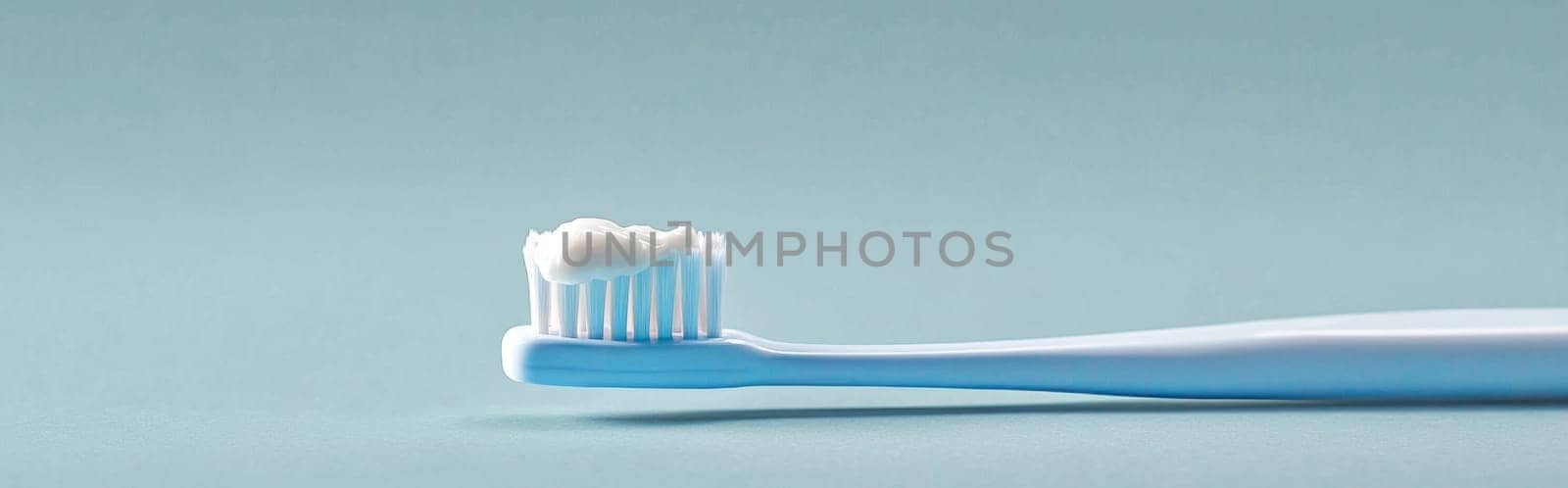 Toothbrush with toothpaste against solid color minimalist background with copy space, AI Generated