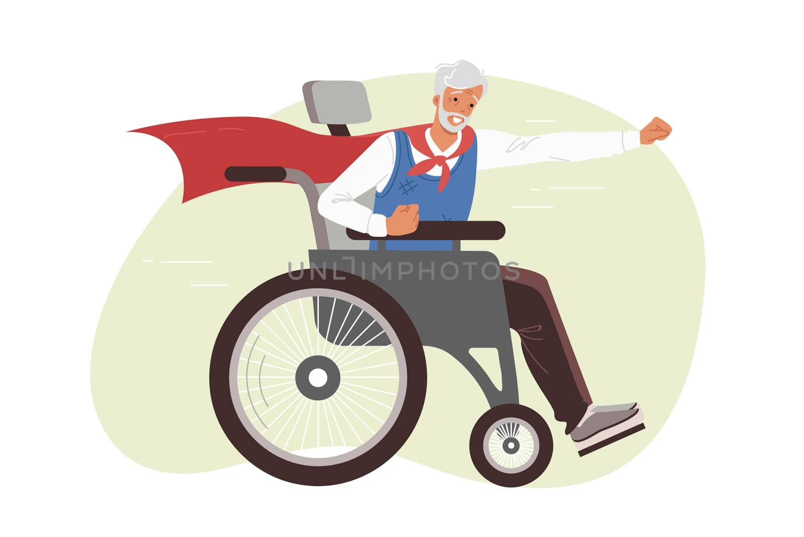 Elderly man in wheelchair feels surge of strength thanks to superhero cape and medicine. Grandfather in wheelchair does not want to give up, demonstrating love for life after going out on pension