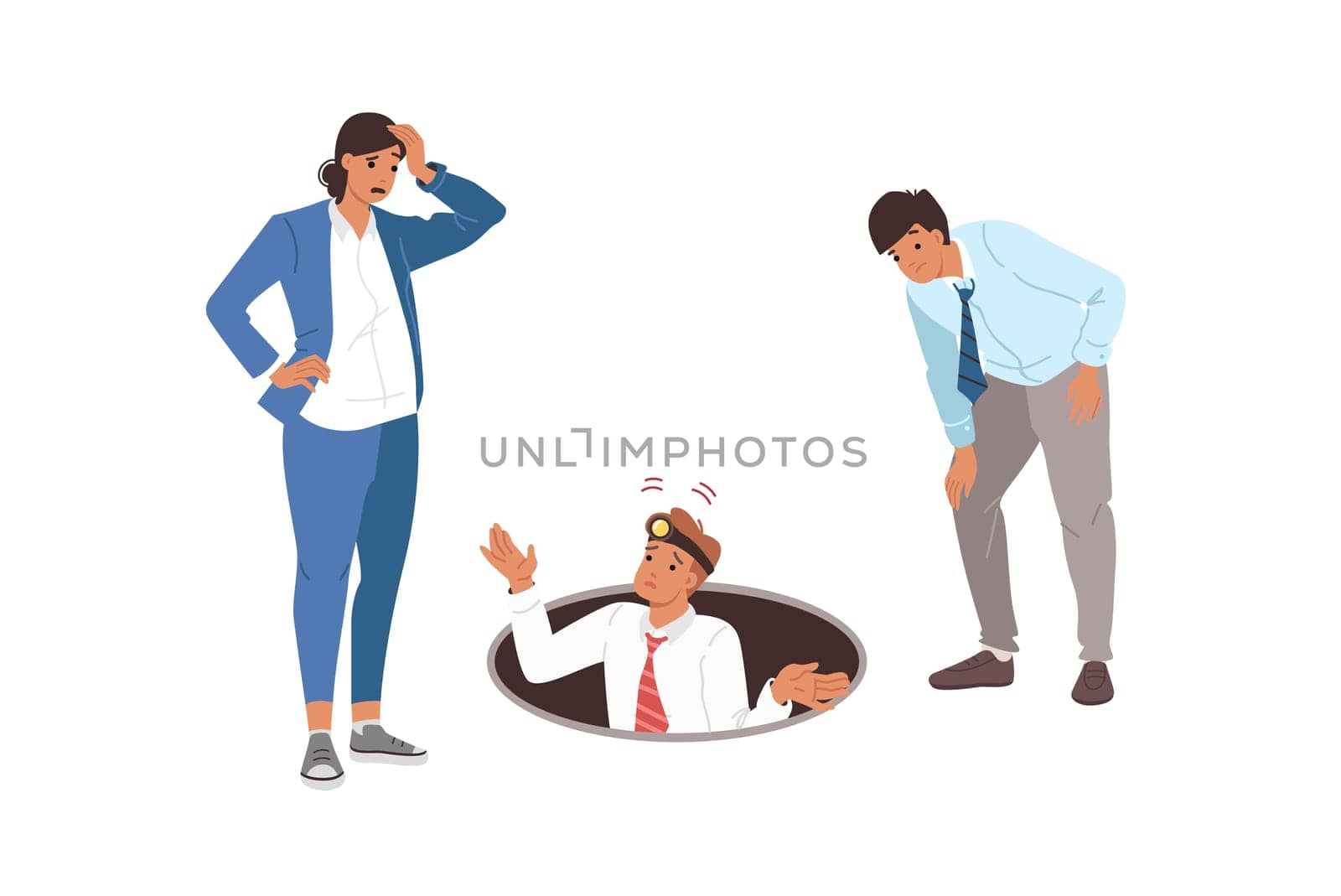 Team business people explore abyss, experiencing perplexity due to lack of solutions to problems. Perplexity among office workers who want to find new opportunity or funding reserves for advertising