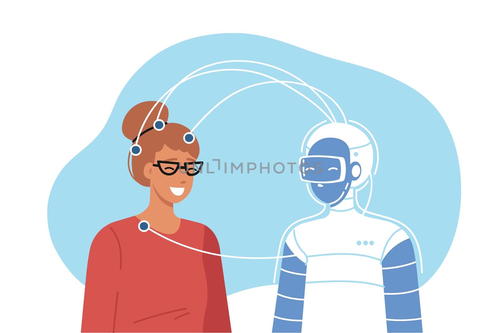 Robot and woman scientist are connected by wires transferring information from human brain to cyborg memory. Development of robot with AI technology that helps in performing routine tasks