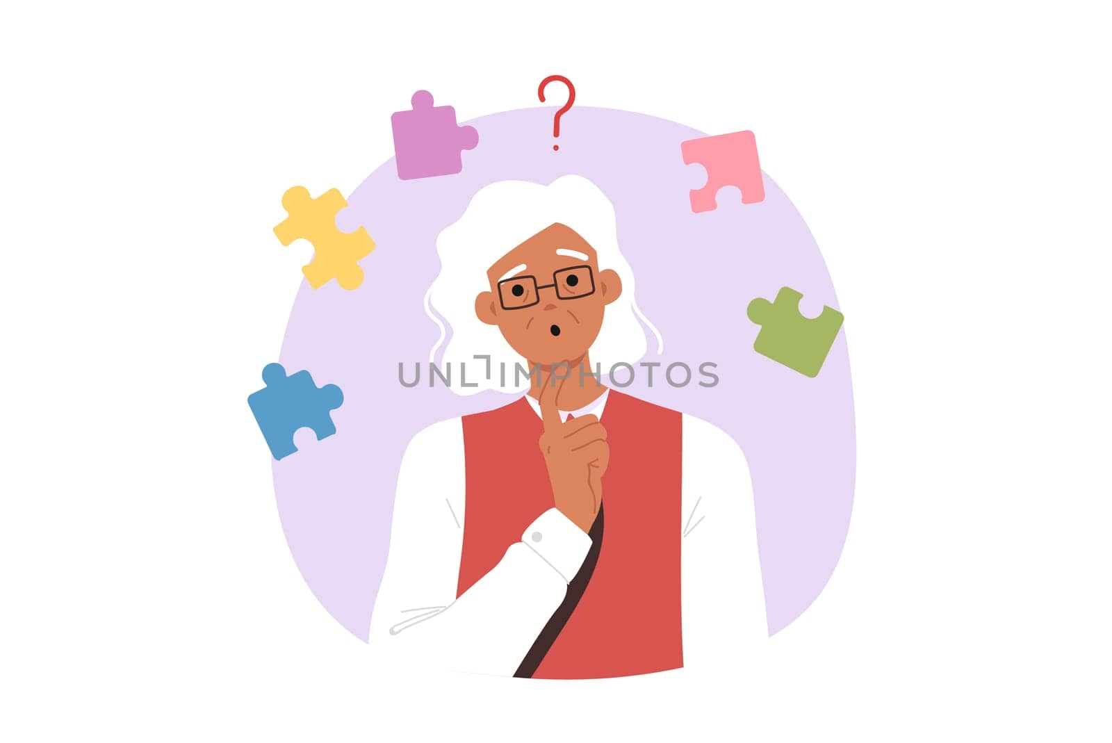 Dementia and memory impairment confuse elderly woman who needs pills to improve brain function. Problem of dementia caused by old age, in gray-haired lady standing among puzzle pieces