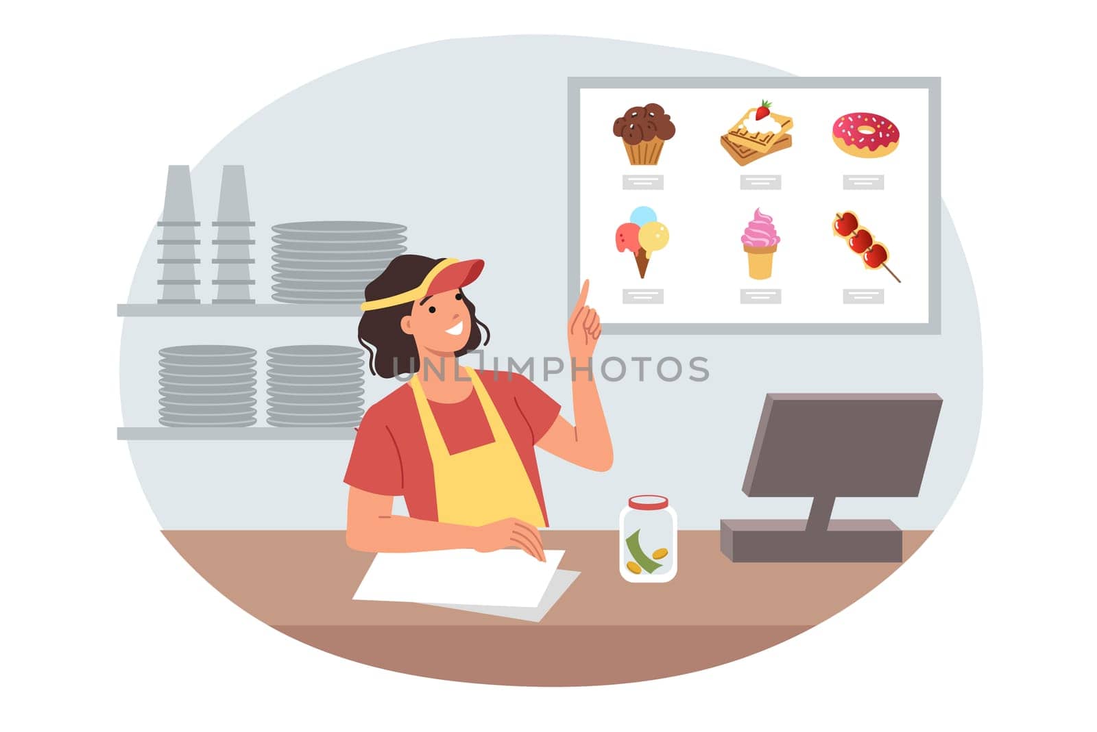 Woman seller of candy store demonstrates assortment of fresh desserts, stands near cash register and shelves with plates. Girl employee of fast food restaurant shows desserts menu for visitors.