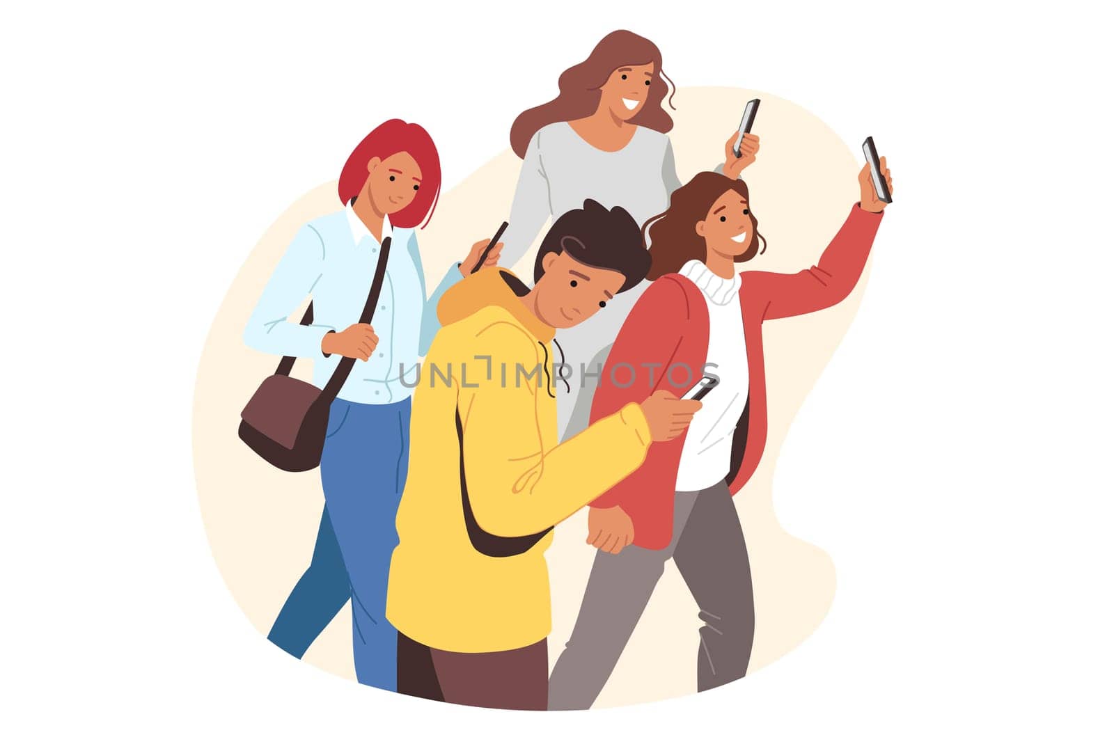 Mobile phones are in hands of walking people use gadgets on go and risk stumbling or falling into hatch. Problem of digital addiction in men and women who need to give up phones with social networks