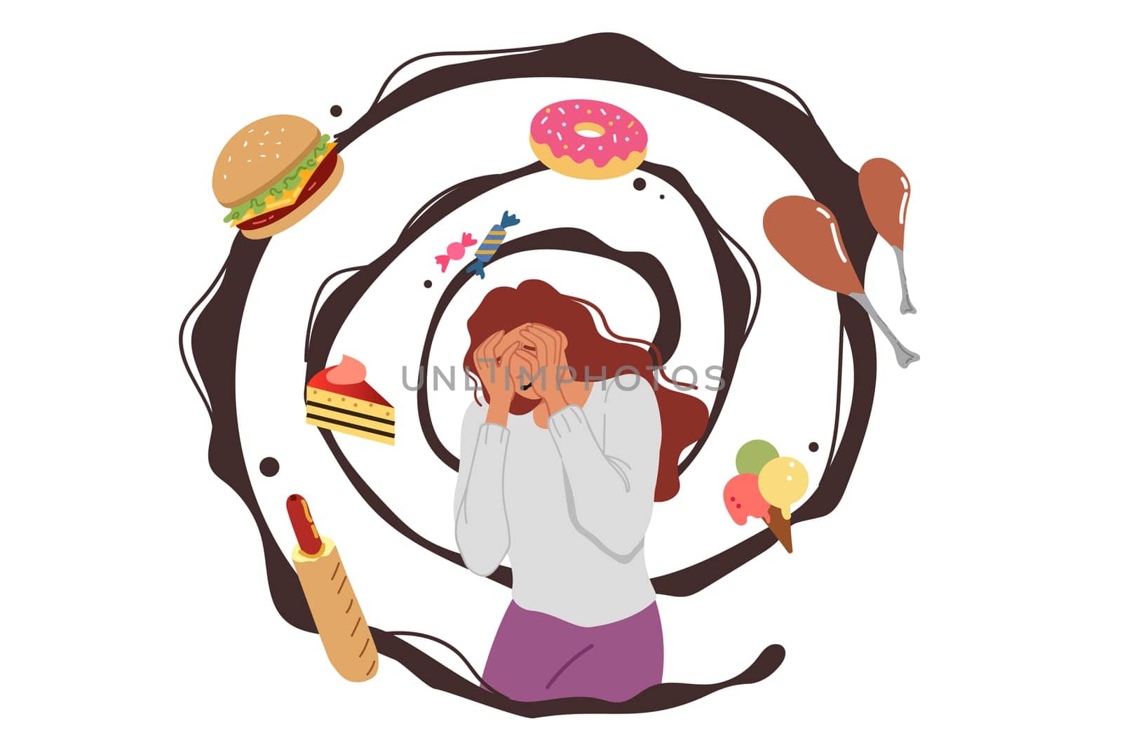 Thoughts about food cause fear and panic in woman with psychological disorder and fear of becoming fat. Addiction to fast food and unhealthy desserts or high-calorie sandwiches in girl in need of diet