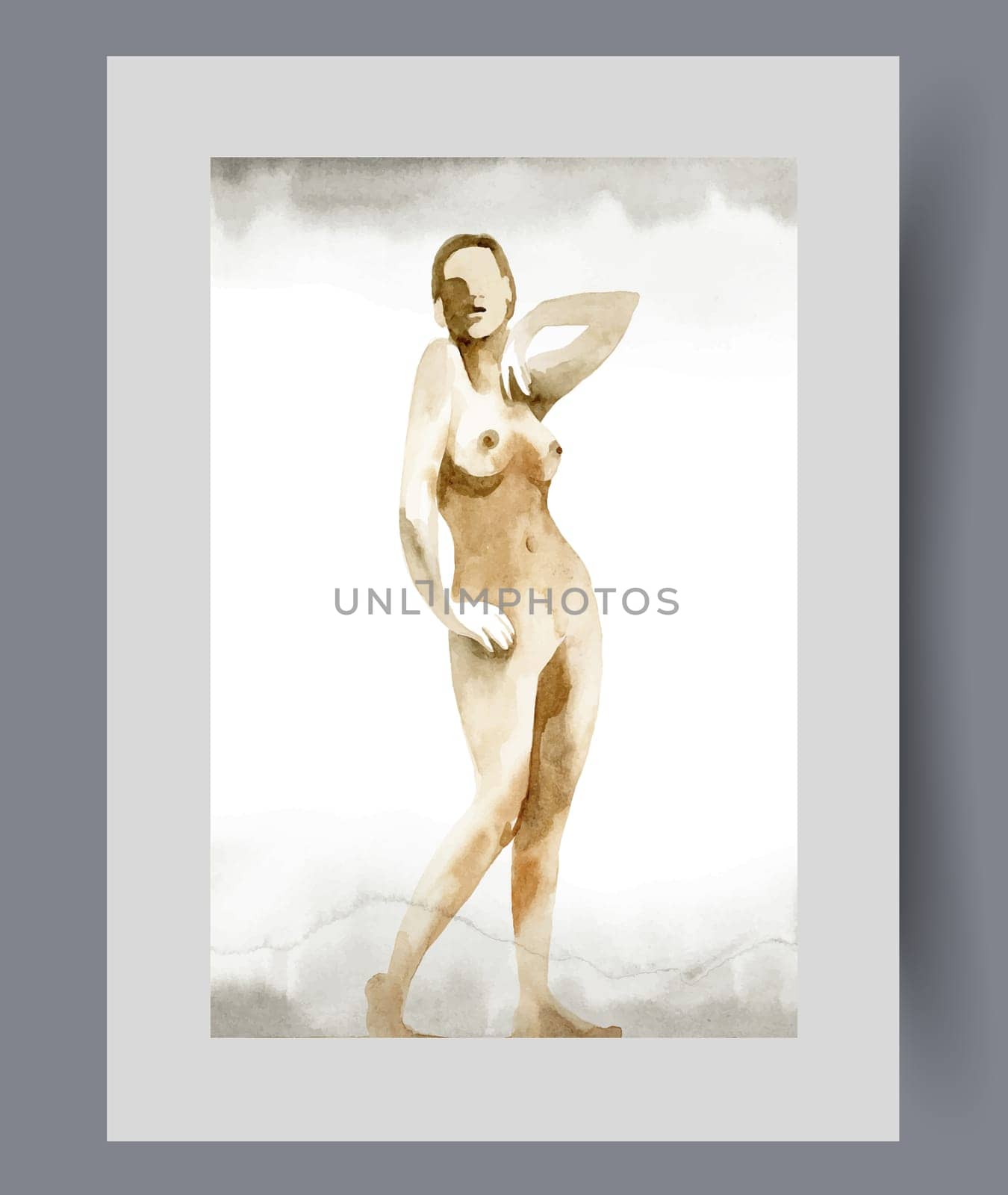 Naked woman takes erotic pose, proud of having beautiful body on print. Watercolor poster. Artwork with naked girl model drawn by artist in nude style, in frame with decor for wall art
