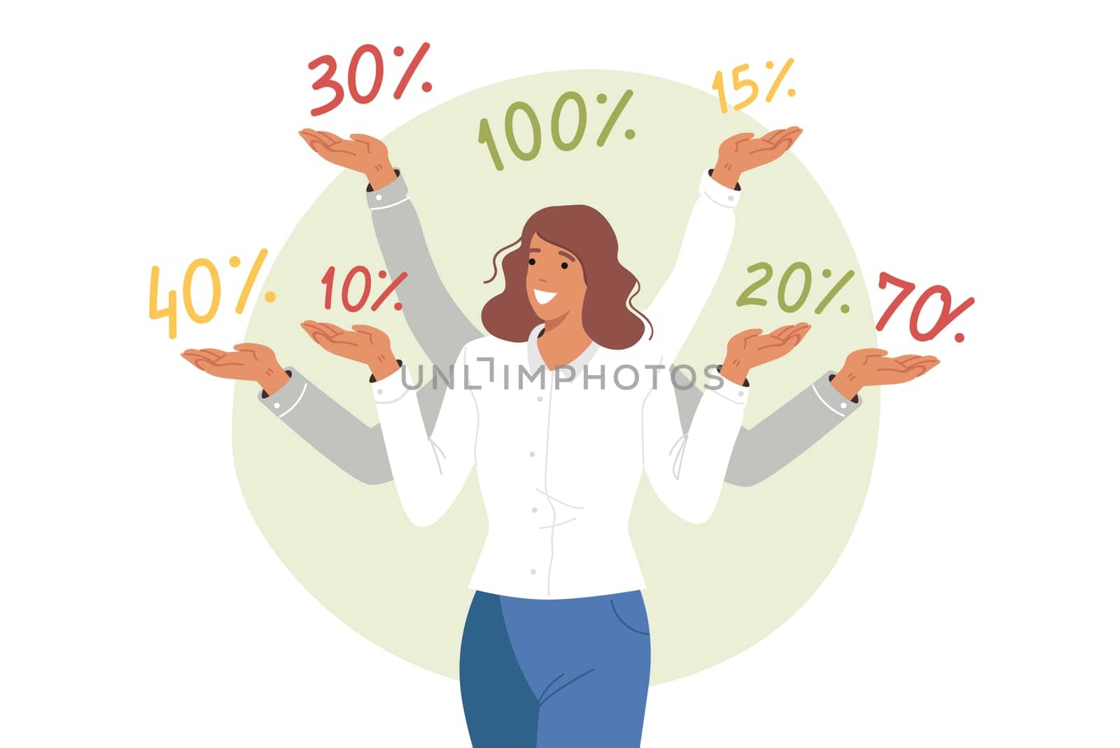 Sale and discounts were announced by multi-armed woman showing numbers symbolizing reduction in prices for goods. Girl offers discounts or recommends investing money with great rewards