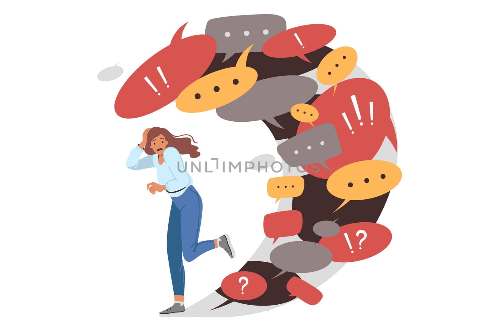 Information overload causes panic in woman fleeing wave of dialogue bubbles and conversation clouds. Girl is trying to use information detox and temporary refusal to receive correspondence