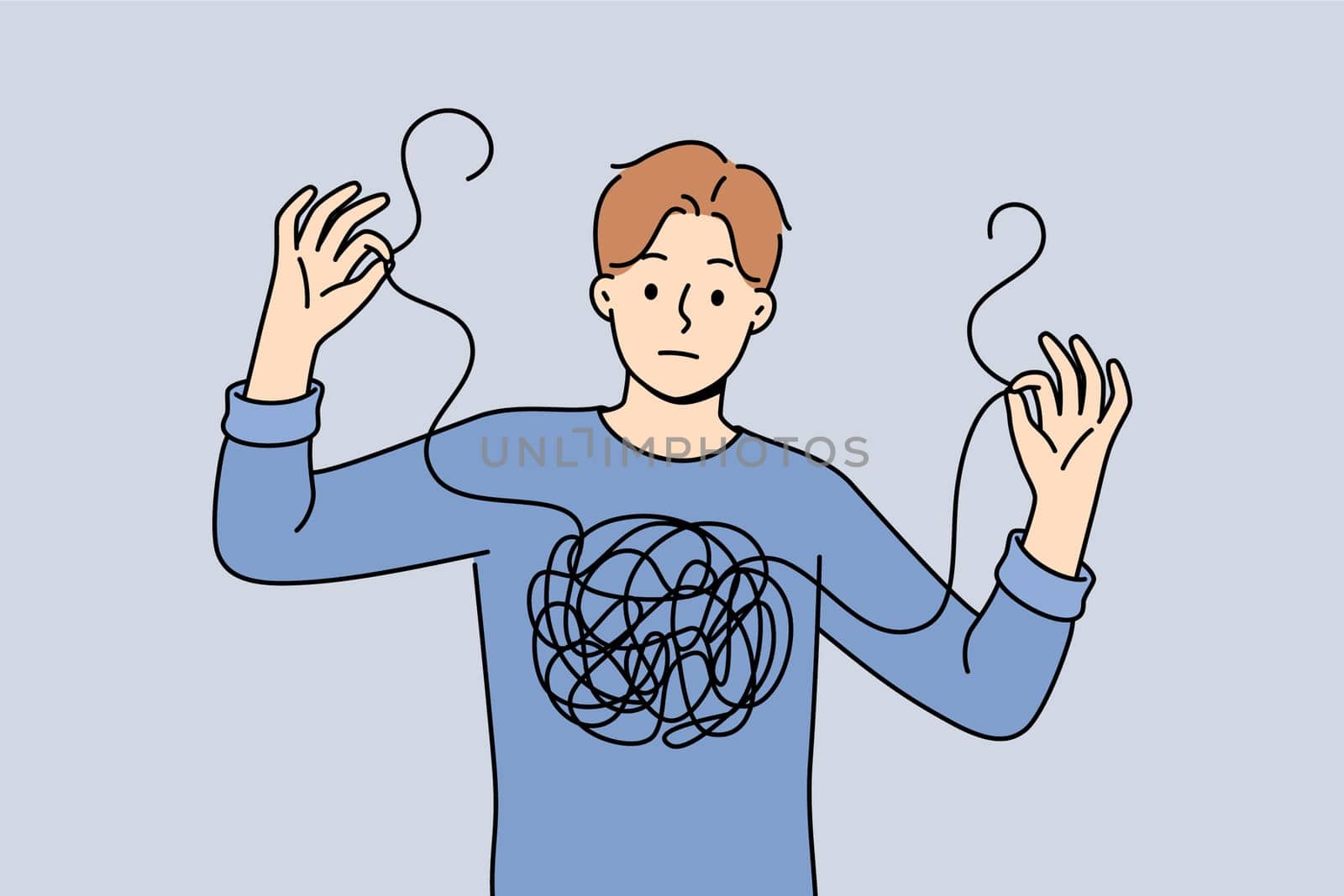 Man confused in himself and in feelings, shows lump of threads in chest and needs help of psychotherapist. Guy confused and cannot independently deal with mental health, suffered due to depression.