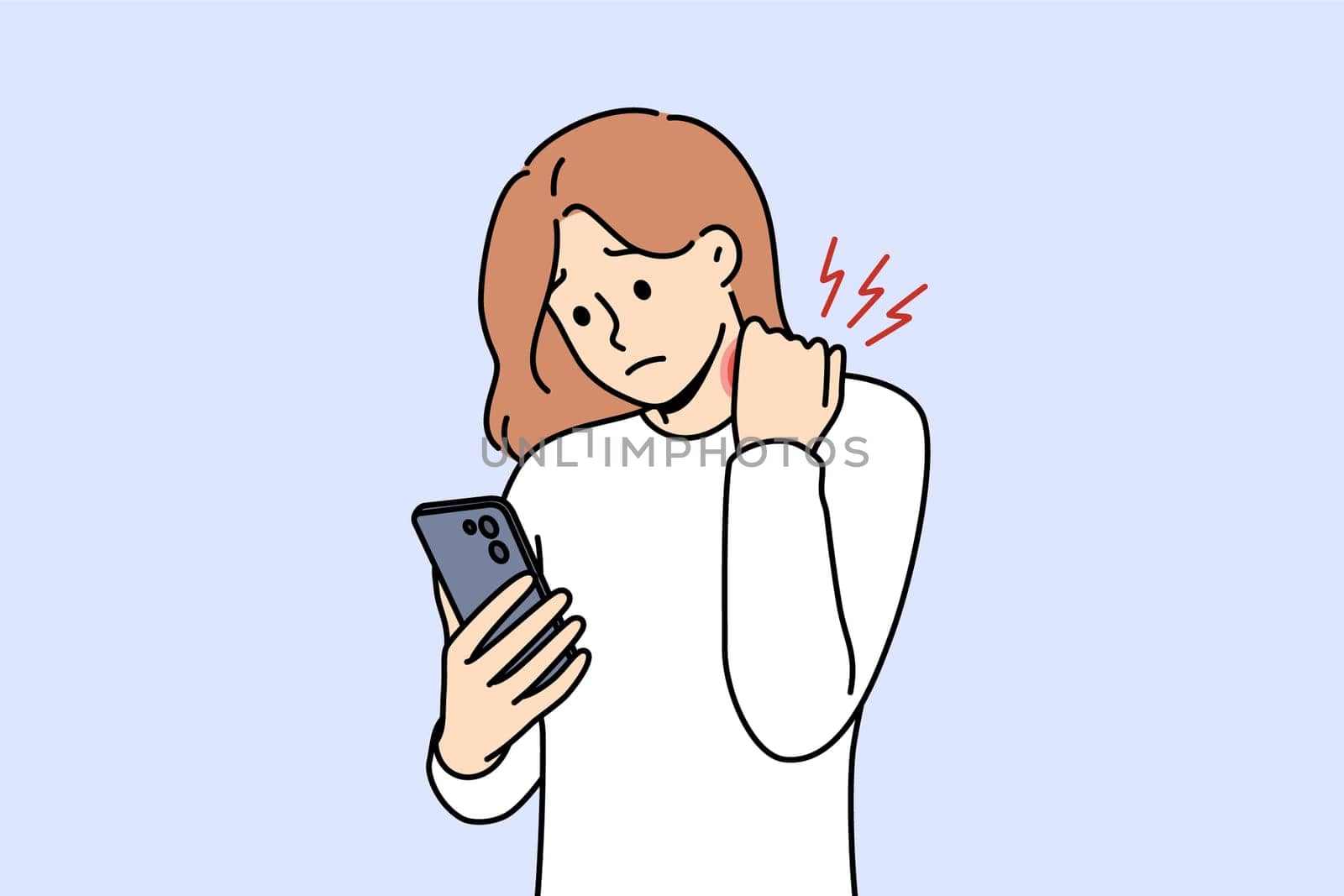 Woman feels pain in neck when using mobile phone, and needs to give up gadgets to cure disease. Neck pain appeared due to digital addiction or poor posture in girl holding smartphone in hand