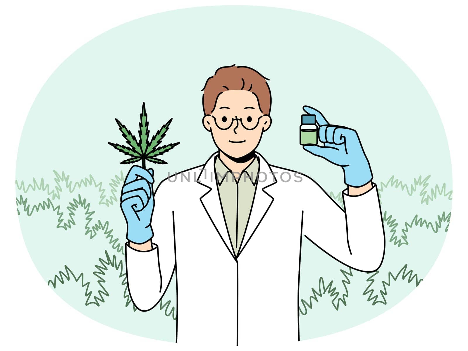 Man biologist with cannabis oil, produced from petals of narcotic plant, recommending legalization of marijuana. Doctor in white coat demonstrates cannabis leaf that helps fight dangerous diseases