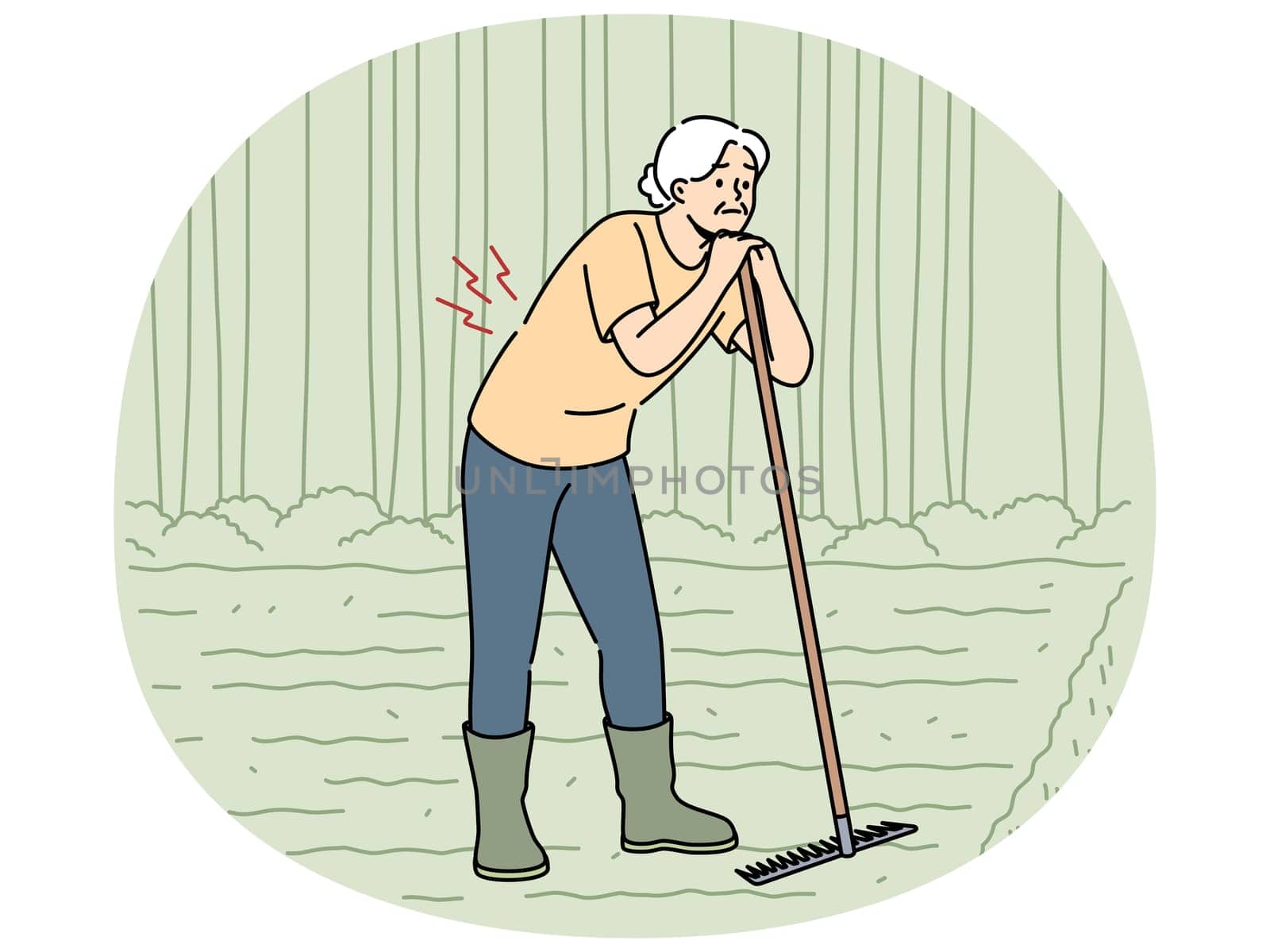 Elderly woman farmer with bad back stands on plantation and leans on rake in need of doctor help. Farmer grandmother suffers from sciatica or osteochondrosis causing pain in spine.