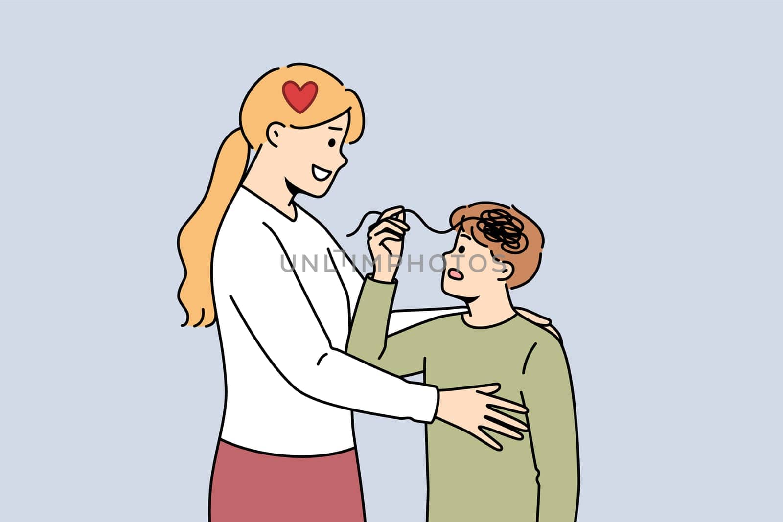 Motherly support from caring woman hugging unhappy boy with confused thoughts in head. Concept of importance of motherly support for raising healthy and promising person with successful future