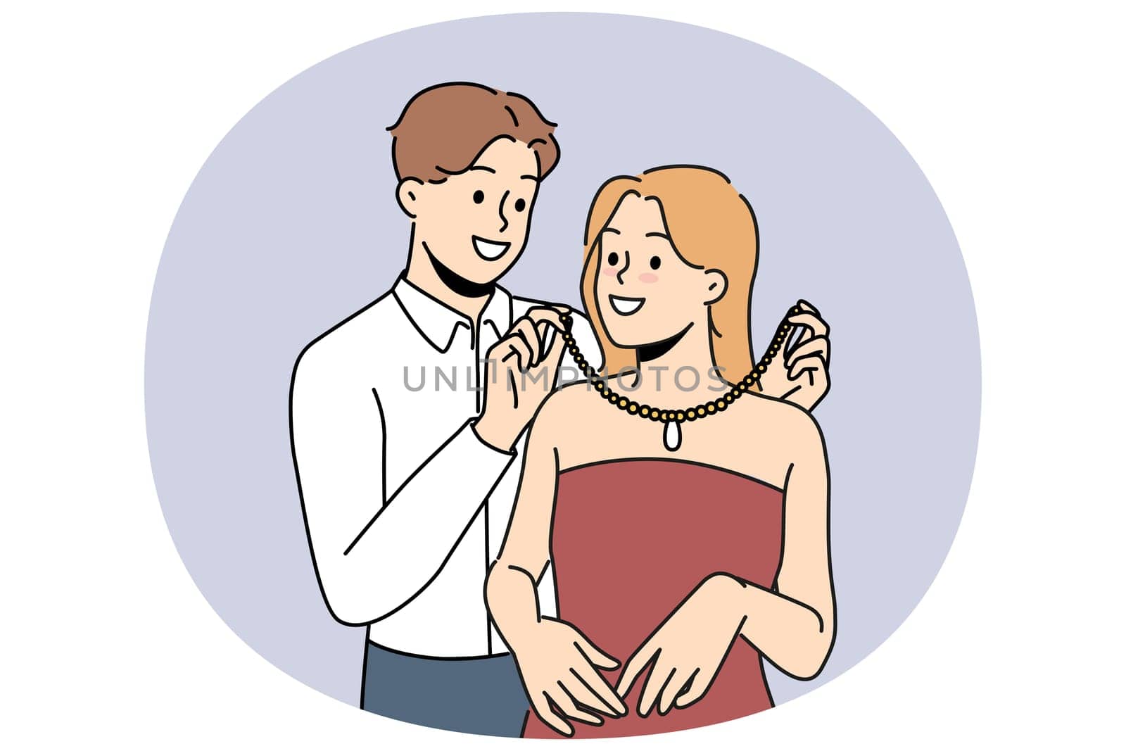 Loving man puts necklace around girlfriend neck to help get ready for party. Rich boyfriend courts girl and gives precious necklace as sign of seriousness of romantic relationship.