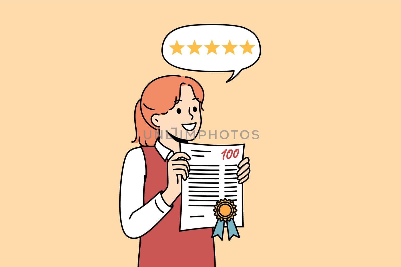 School girl received 100 points for educational test, for accelerated promotion to next grade. School girl demonstrates certificate of victory in olympiad and intellectual superiority over peers