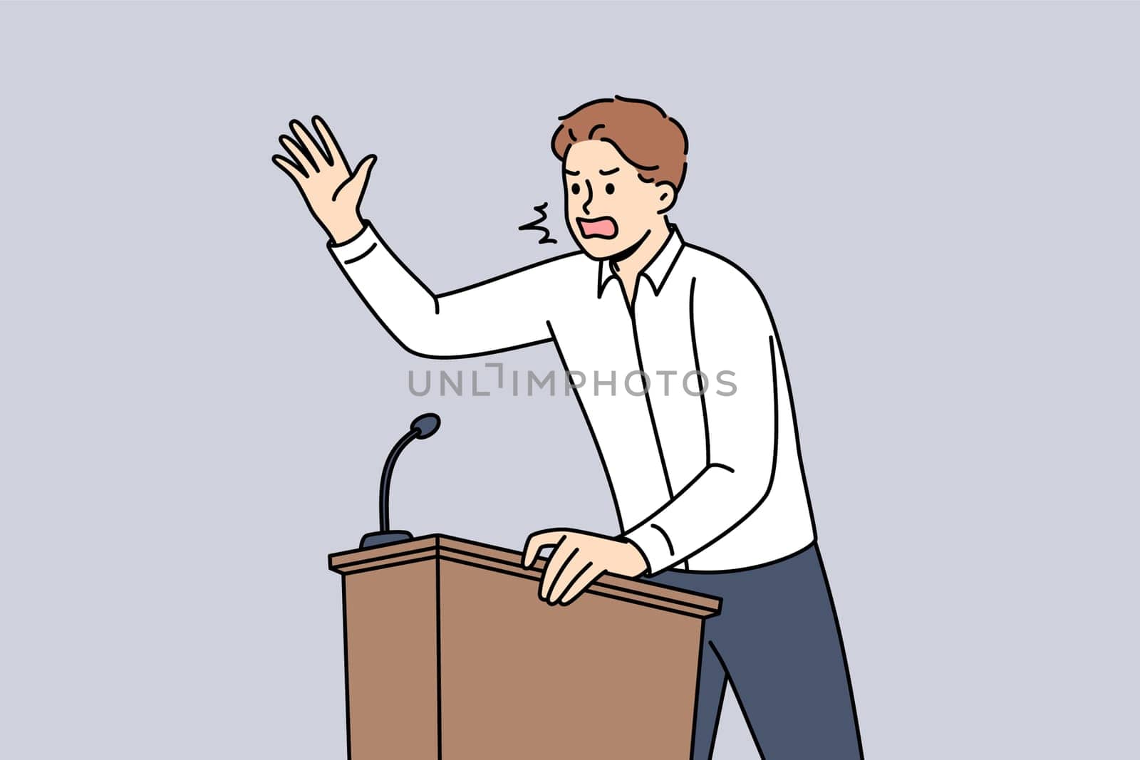 Fiery politician shouts into microphone, standing behind podium and expressing far-right ideas to improve people lives. Fierce left-wing politician insults opponents to win pre-election debate